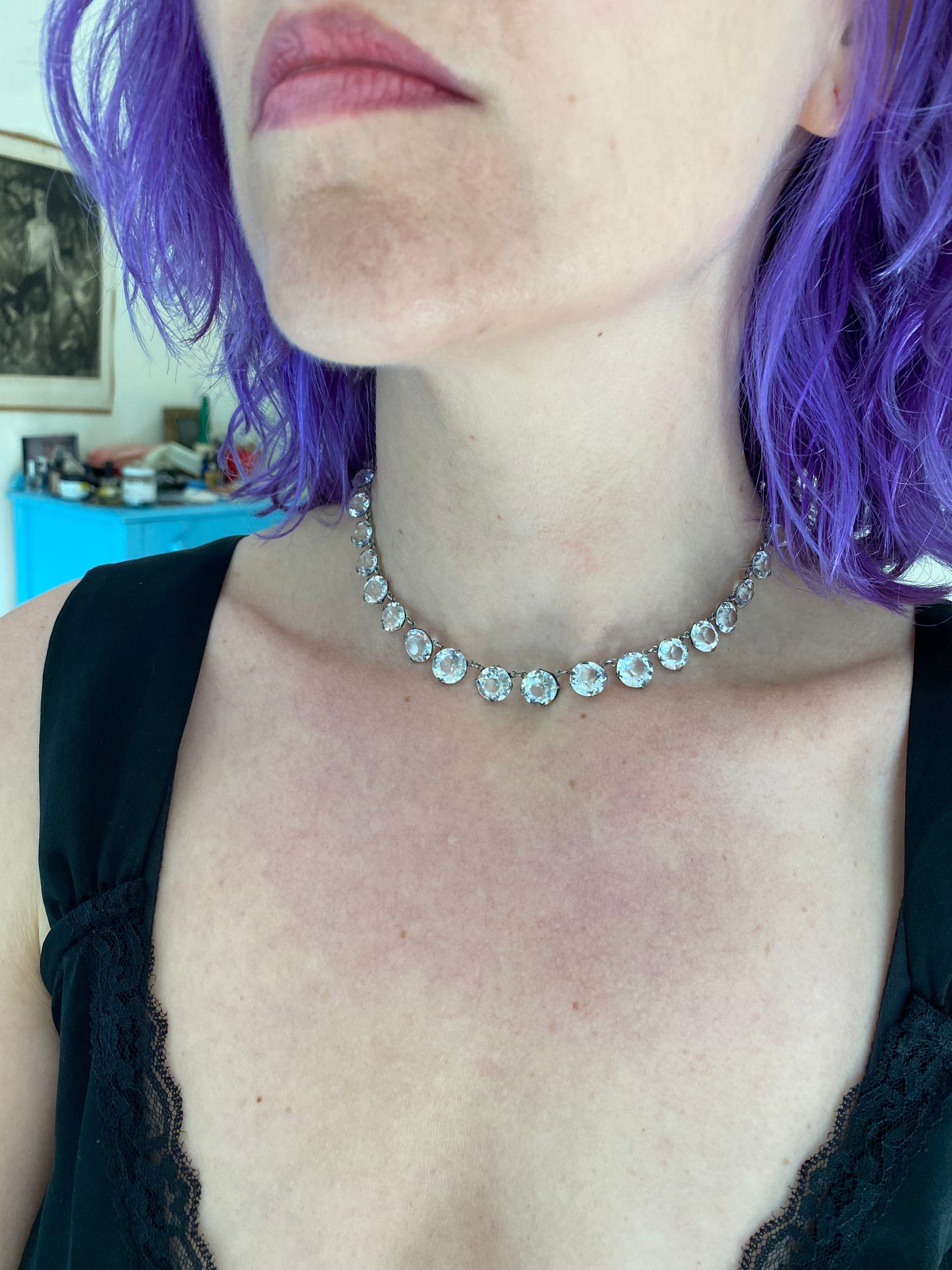 Antique Art Deco riviere crystal graduated choker necklace, open back prong set