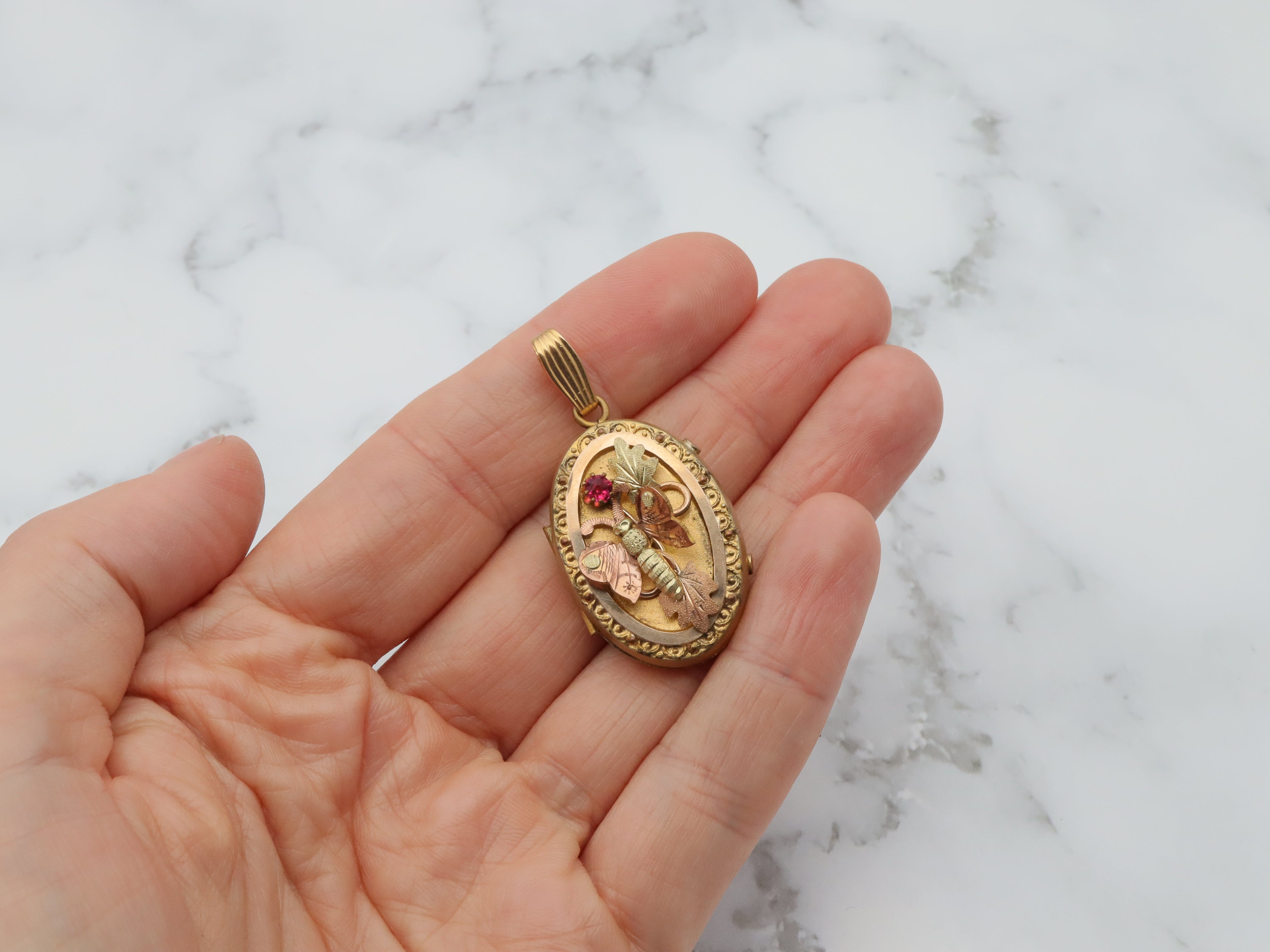 Antique Victorian two tone gold filled locket with moving butterfly