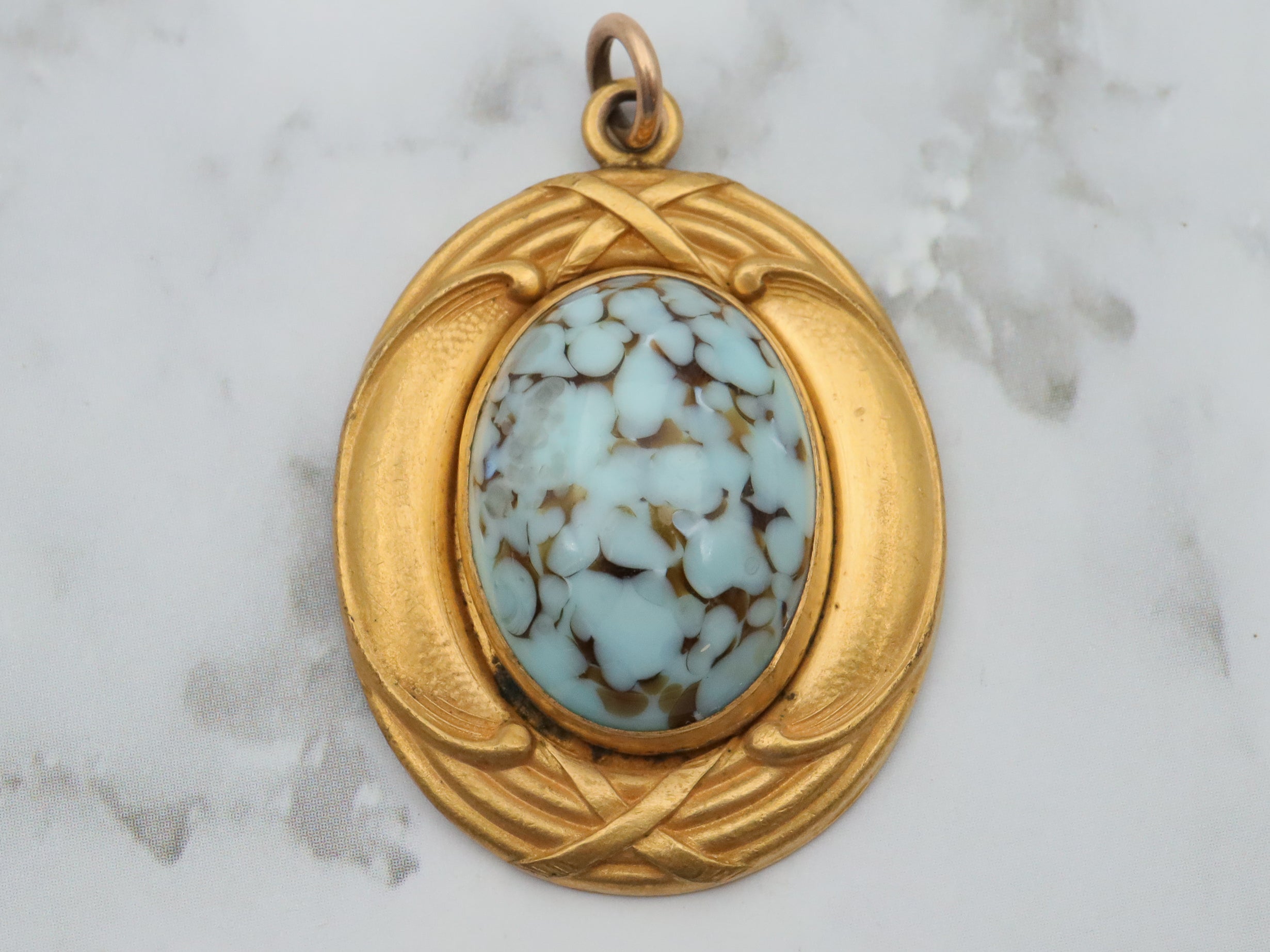 Exceptional Art Nouveau gold filled & art glass cabochon pendant