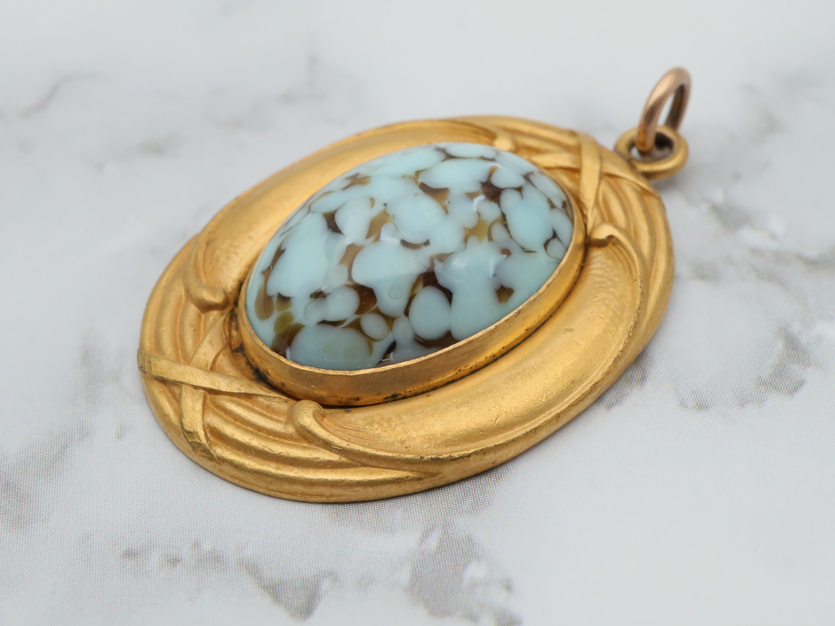Exceptional Art Nouveau gold filled & art glass cabochon pendant