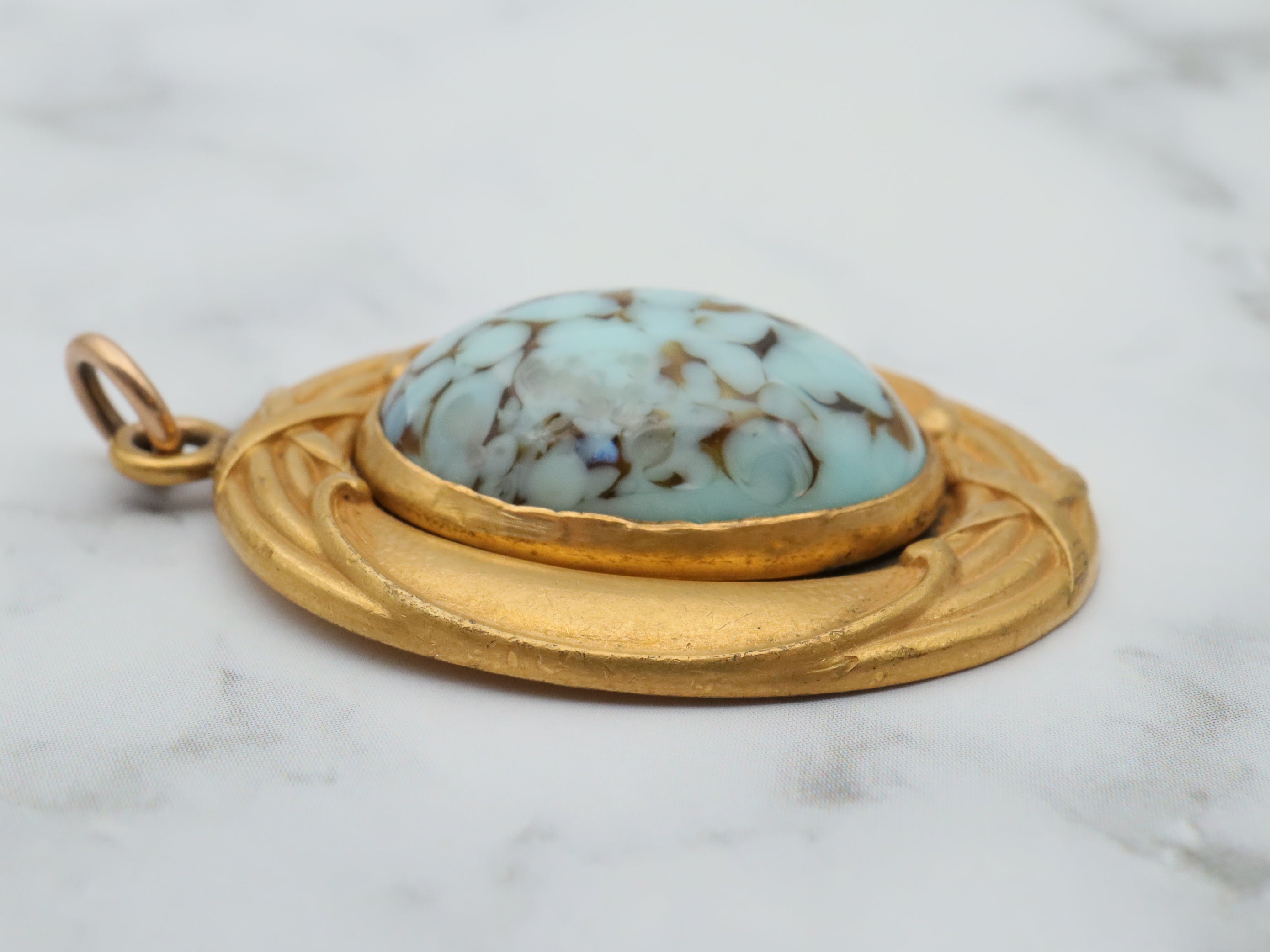 Exceptional Art Nouveau gold filled & art glass cabochon pendant