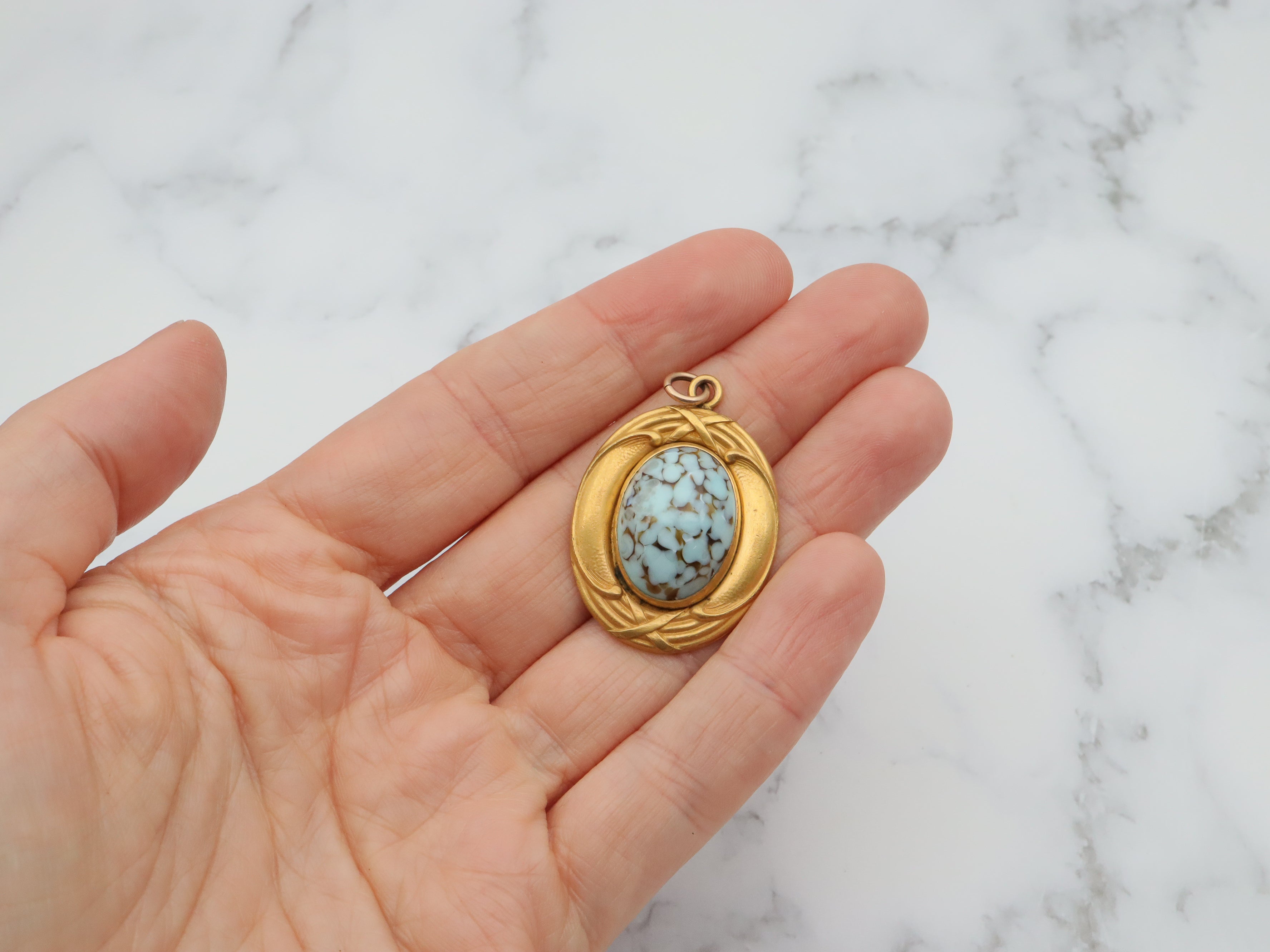 Exceptional Art Nouveau gold filled & art glass cabochon pendant