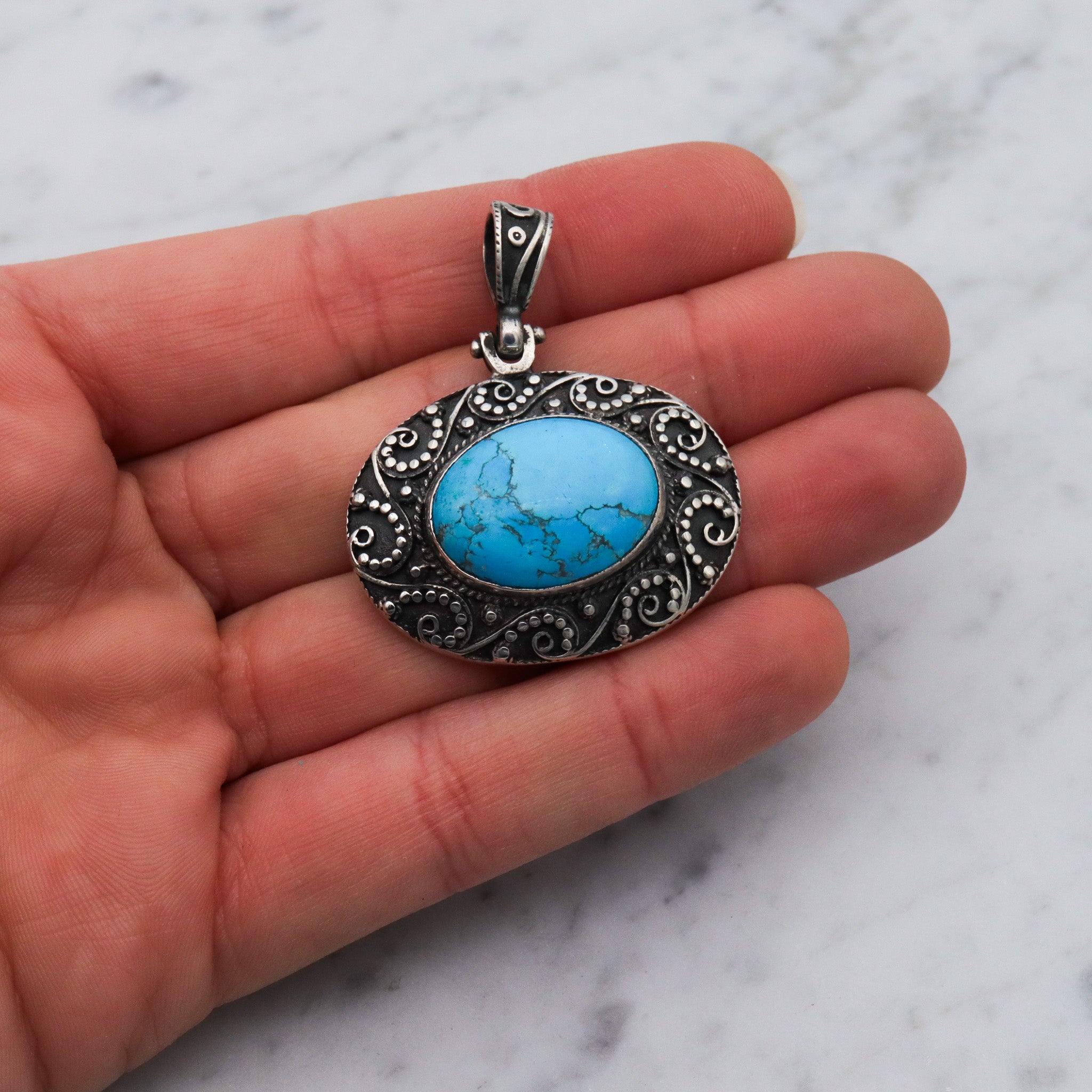 Vintage sterling silver turquoise and applied bead work pendant