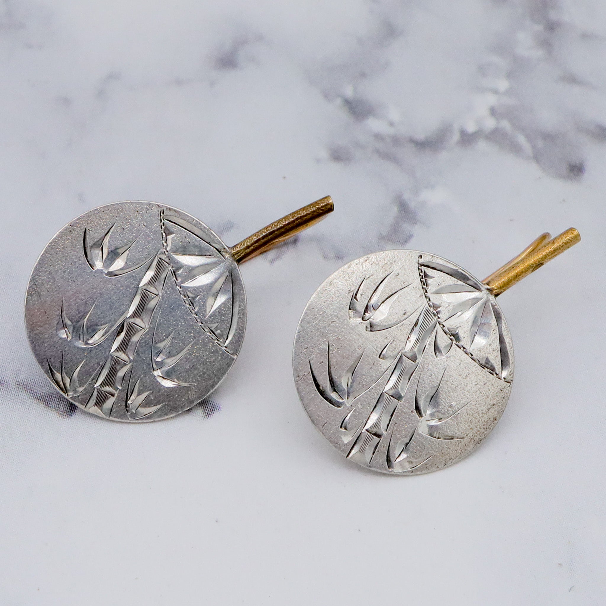 Antique Aesthetic Period hand engraved sterling and brass chinoiserie fan hook earrings