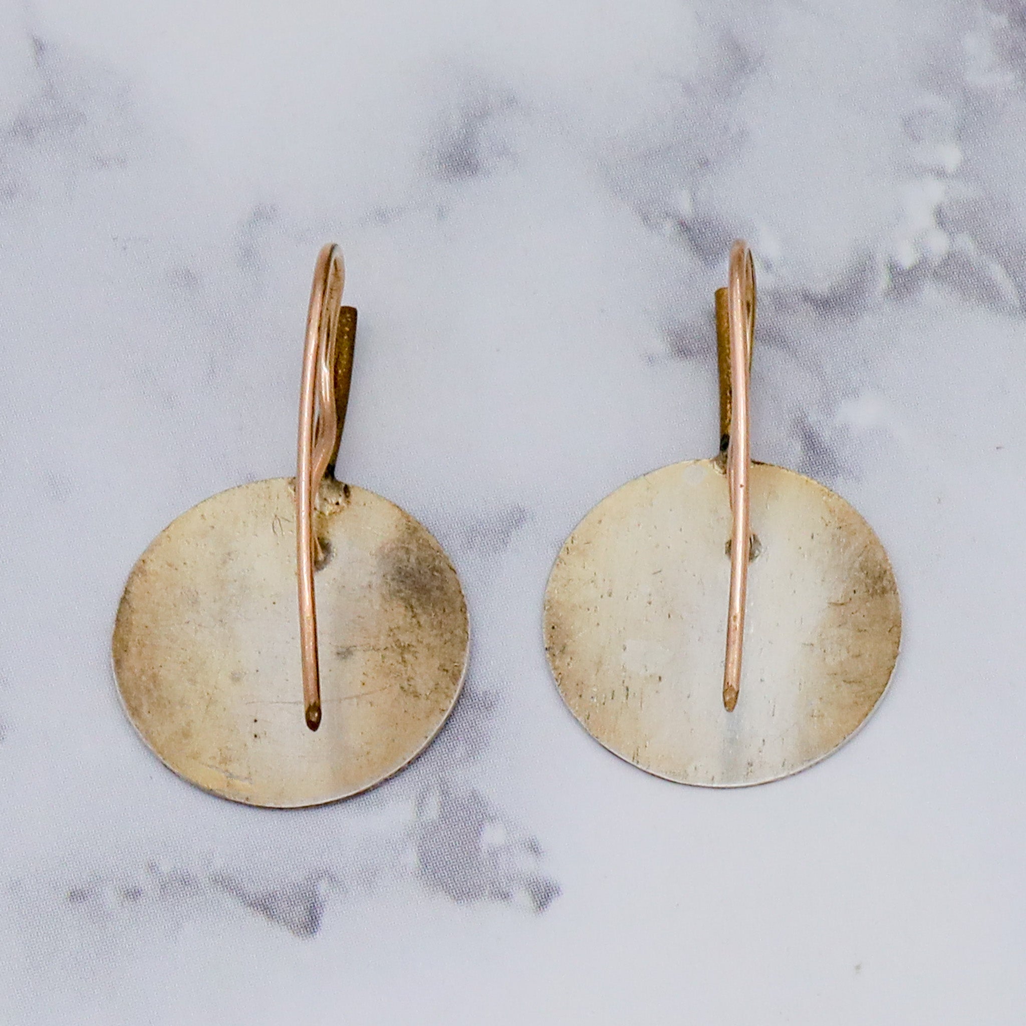 Antique Aesthetic Period hand engraved sterling and brass chinoiserie fan hook earrings