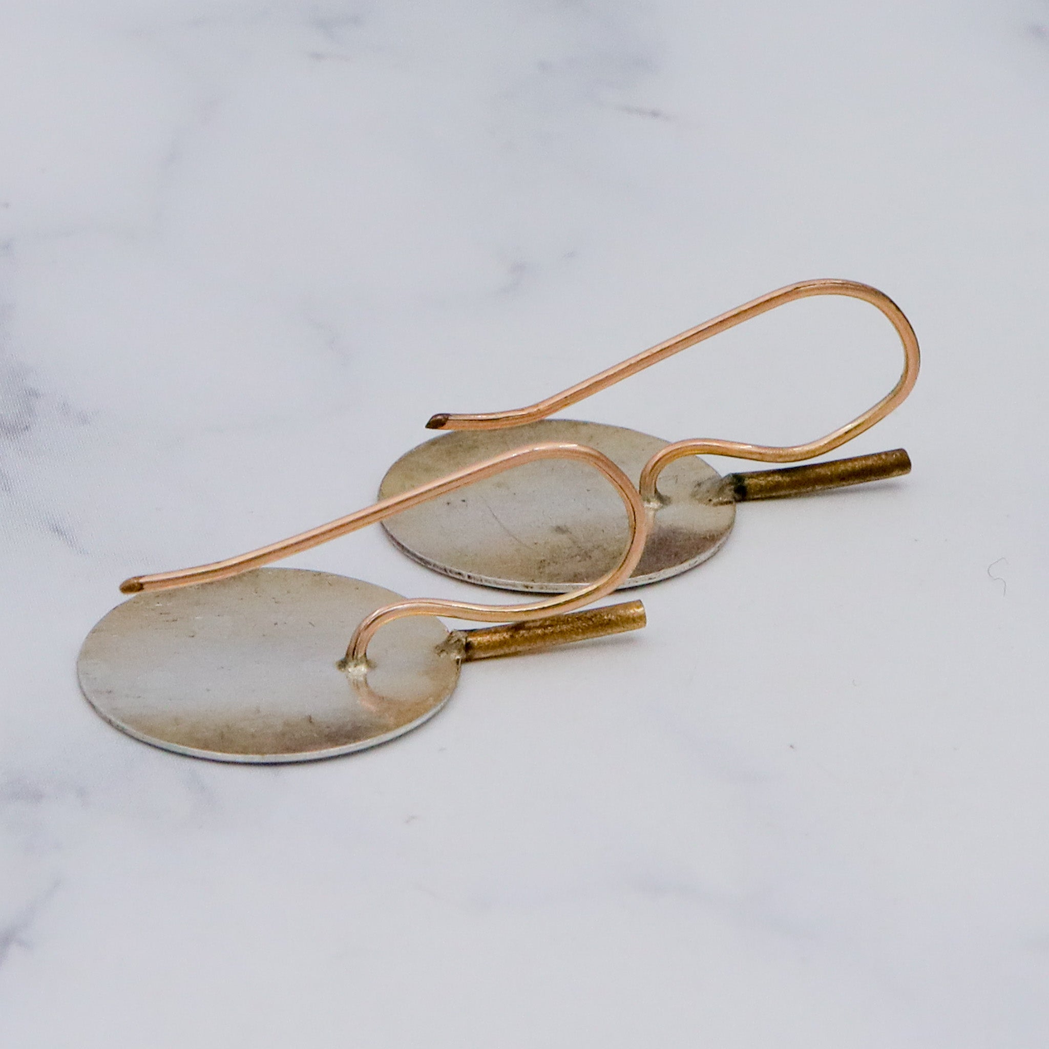 Antique Aesthetic Period hand engraved sterling and brass chinoiserie fan hook earrings