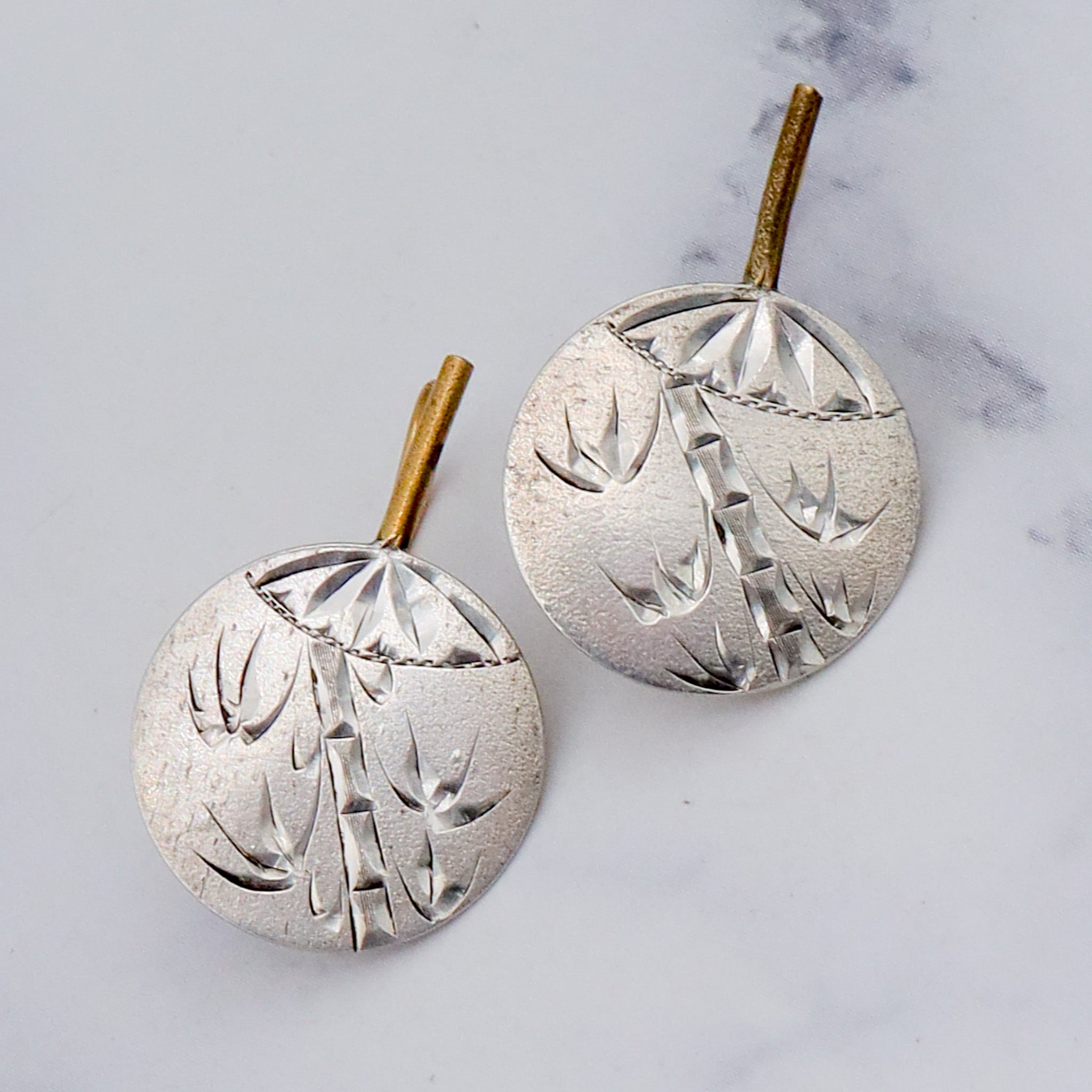 Antique Aesthetic Period hand engraved sterling and brass chinoiserie fan hook earrings