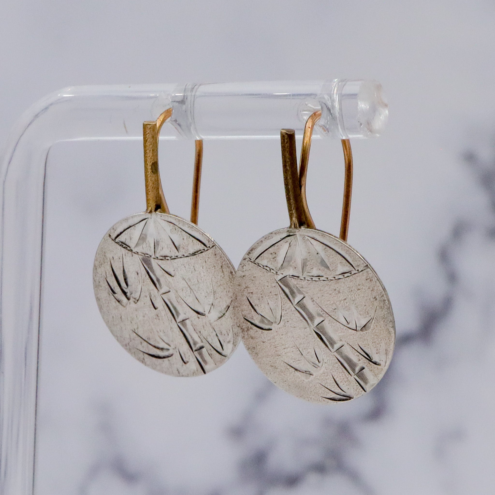 Antique Aesthetic Period hand engraved sterling and brass chinoiserie fan hook earrings