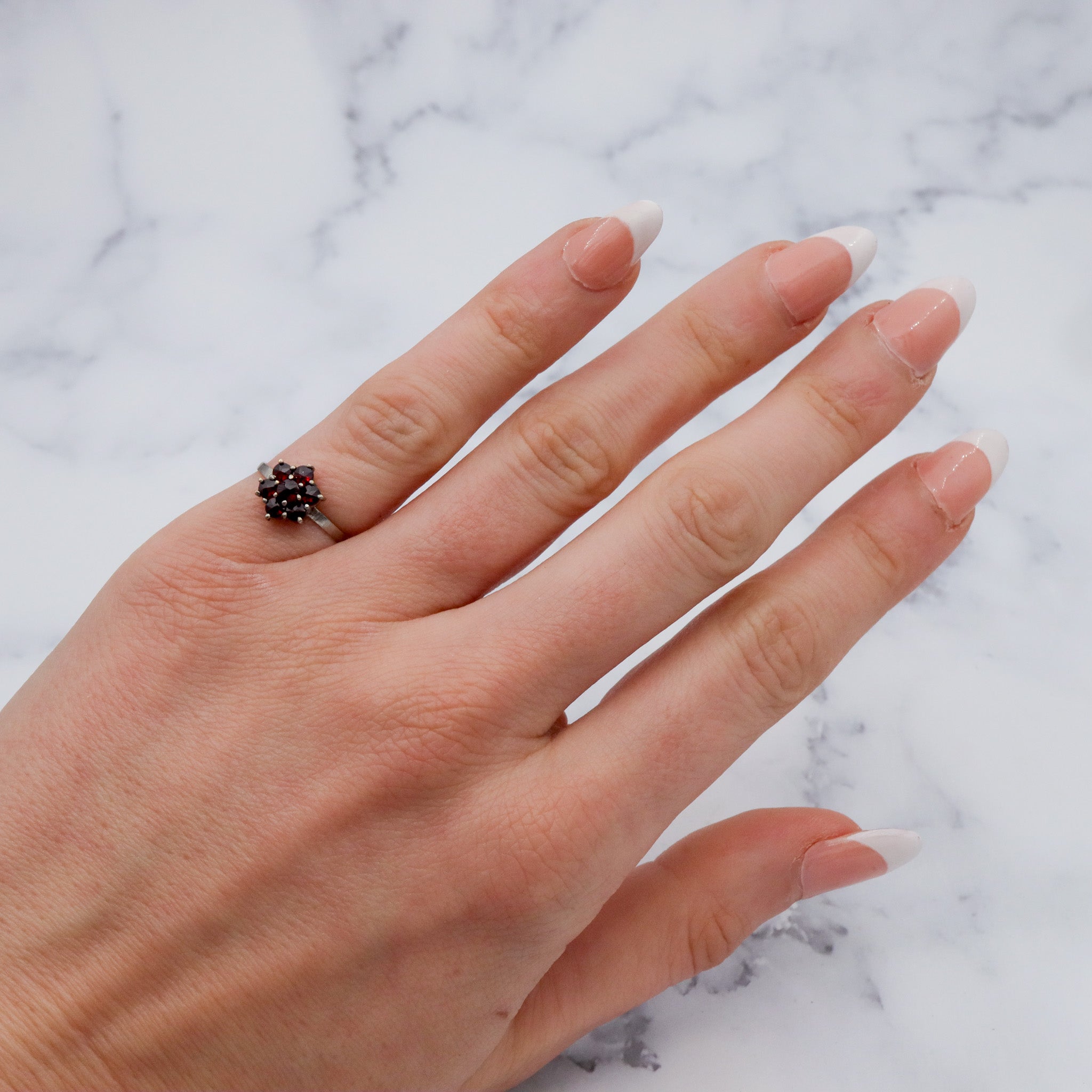Vintage Bohemian rose cut garnet and sterling topped ring, sz 4.75
