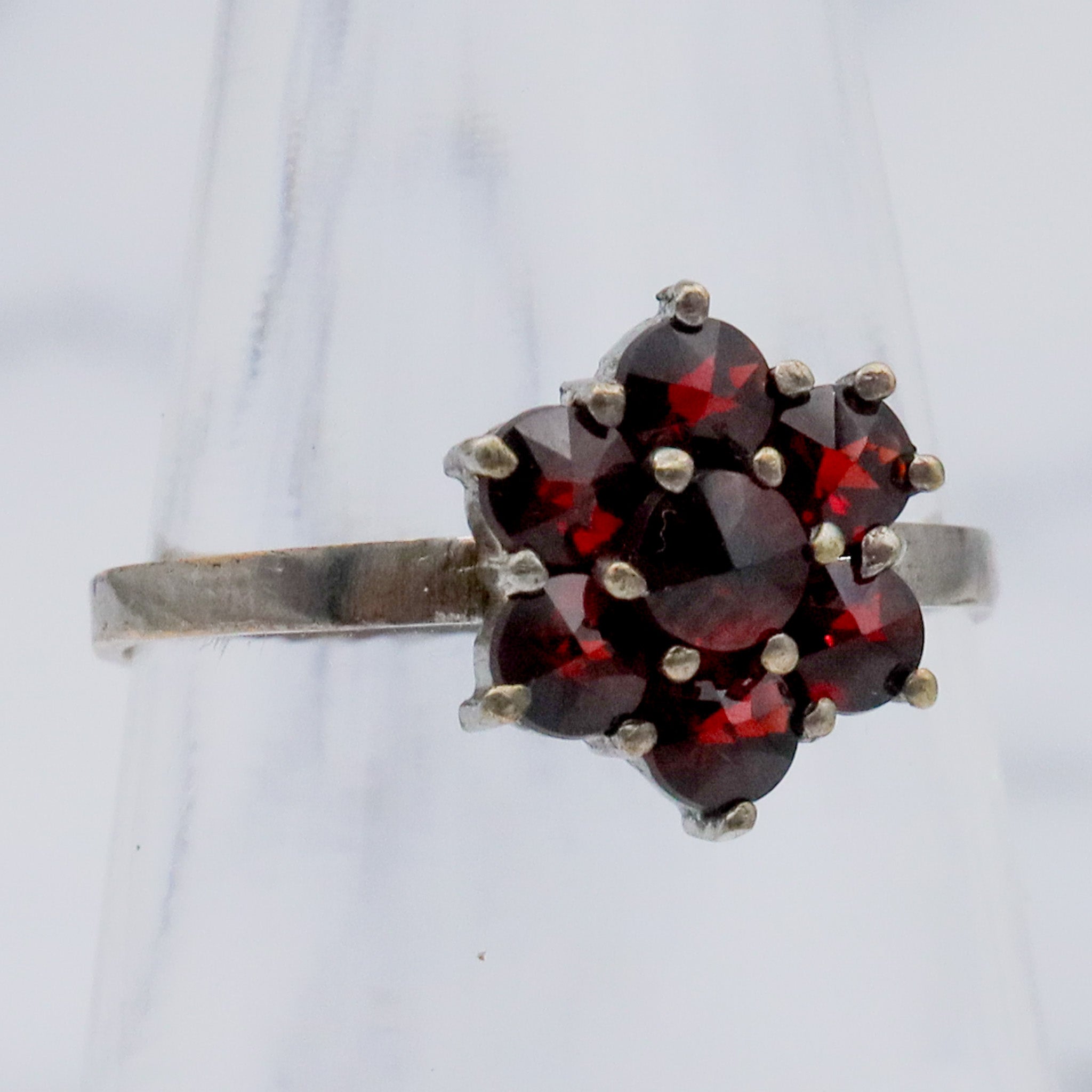 Vintage Bohemian rose cut garnet and sterling topped ring, sz 4.75