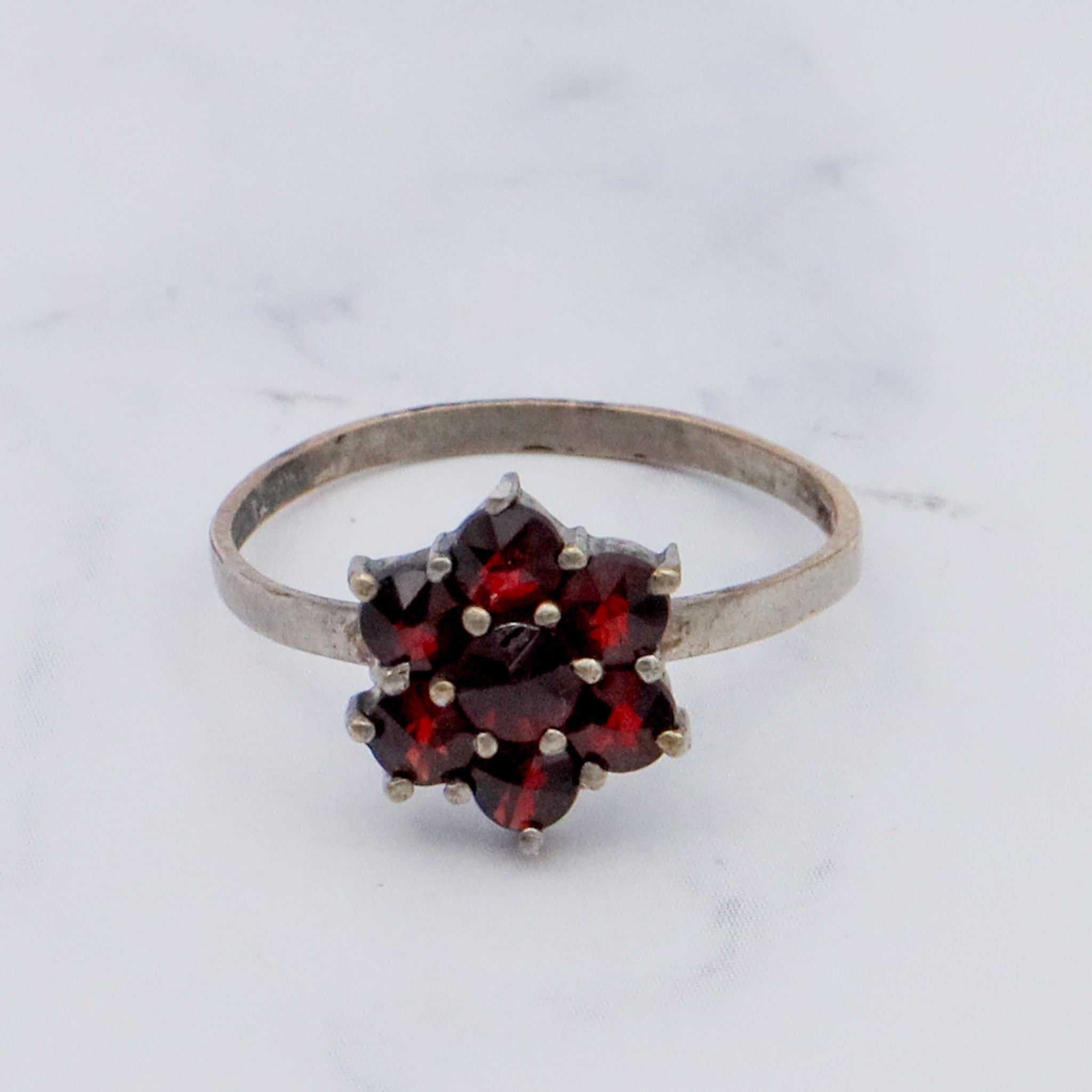 Vintage Bohemian rose cut garnet and sterling topped ring, sz 4.75