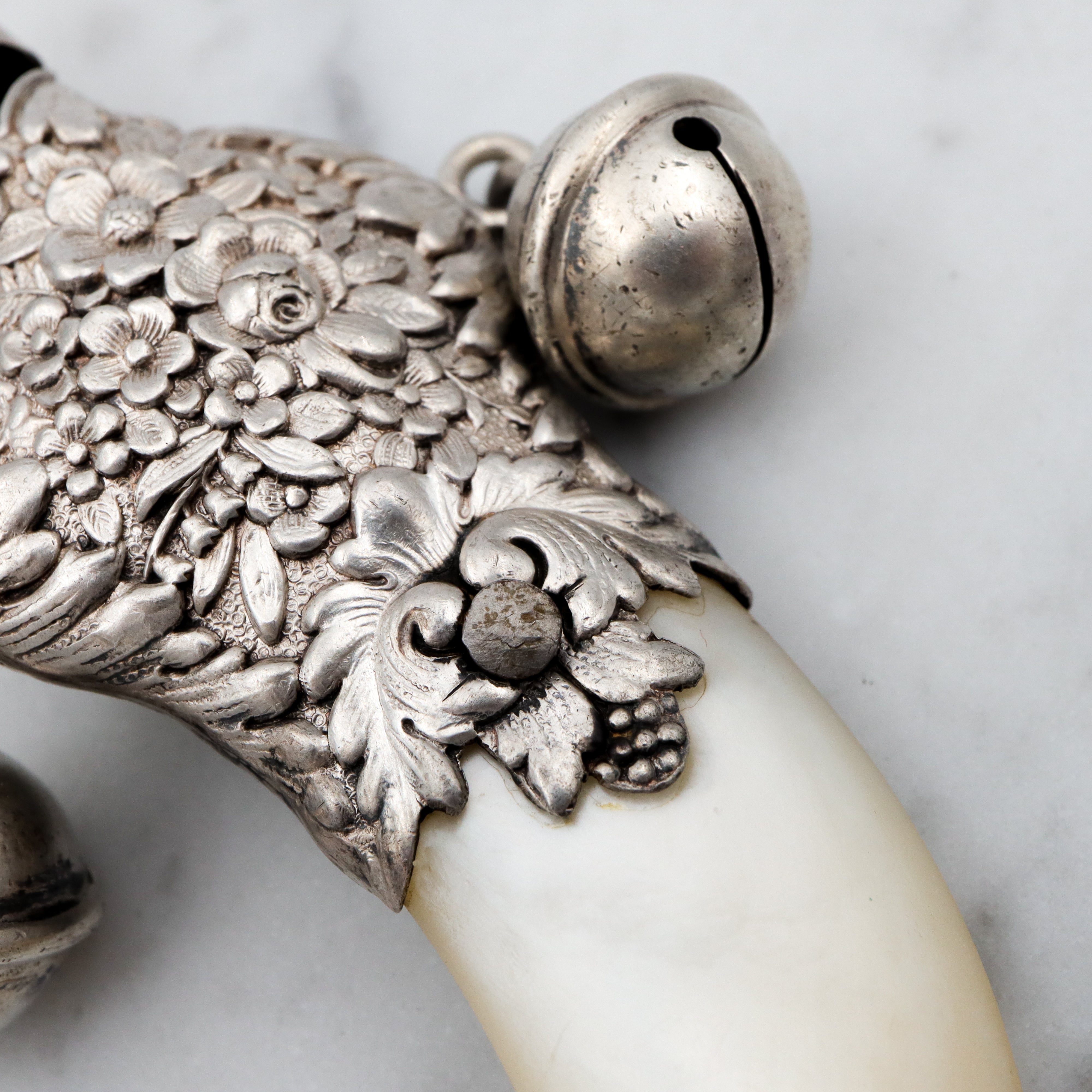 Late 1800s Tiffany & Co. sterling & mother of pearl baby rattle teether