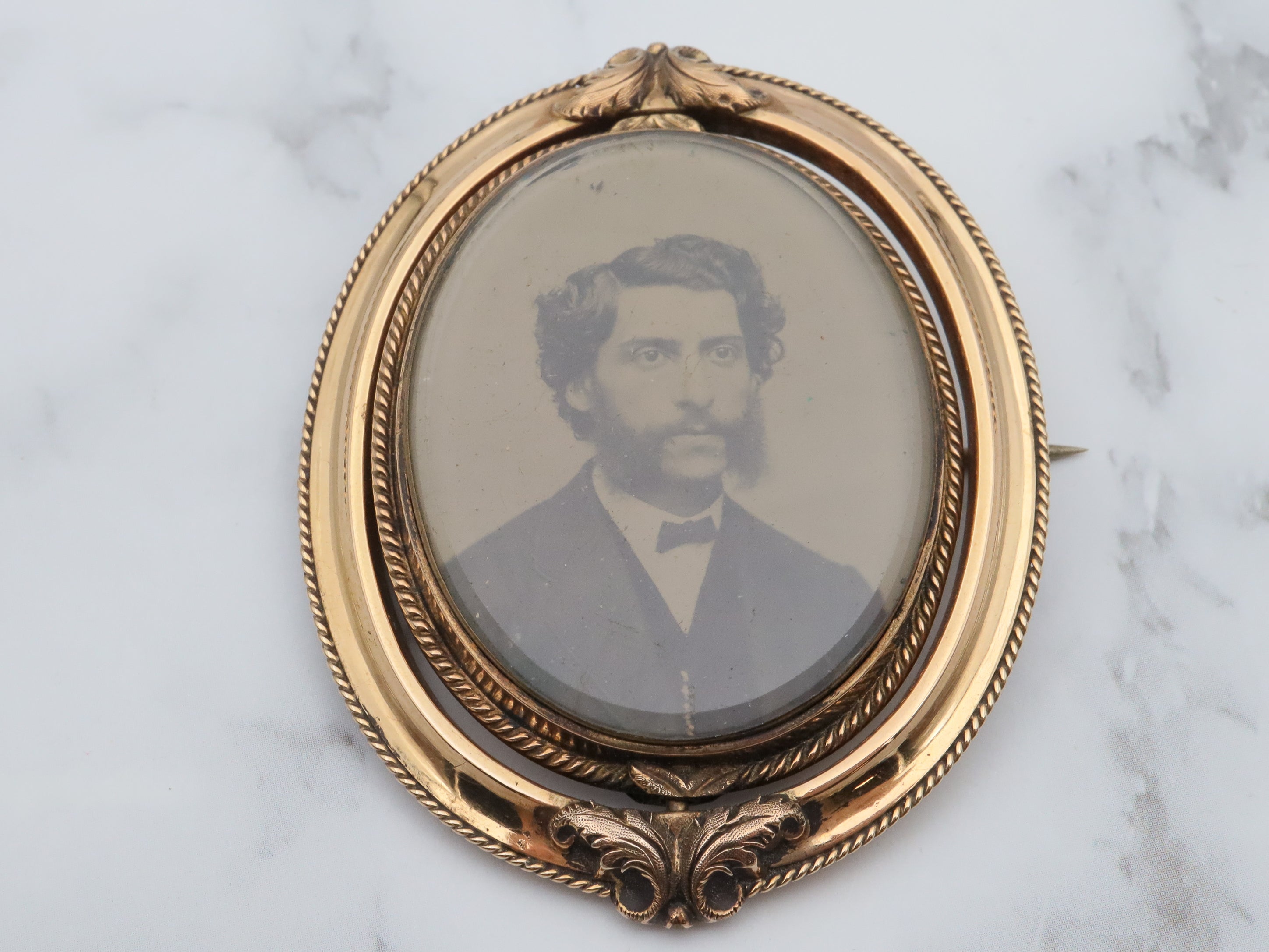 Antique Victorian 10k gold double sided mourning flip brooch with original tintype photo and woven hair