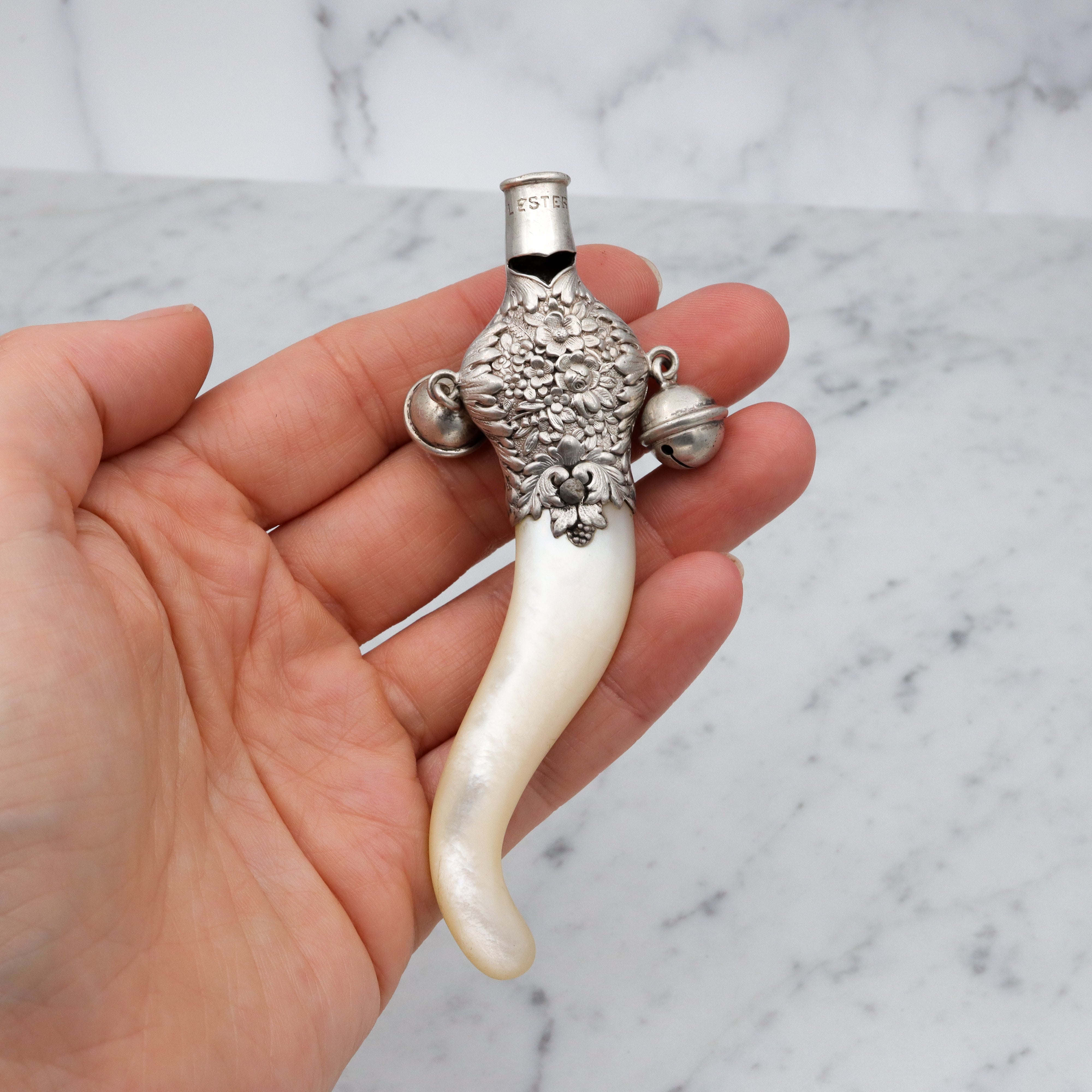 Late 1800s Tiffany & Co. sterling & mother of pearl baby rattle teether