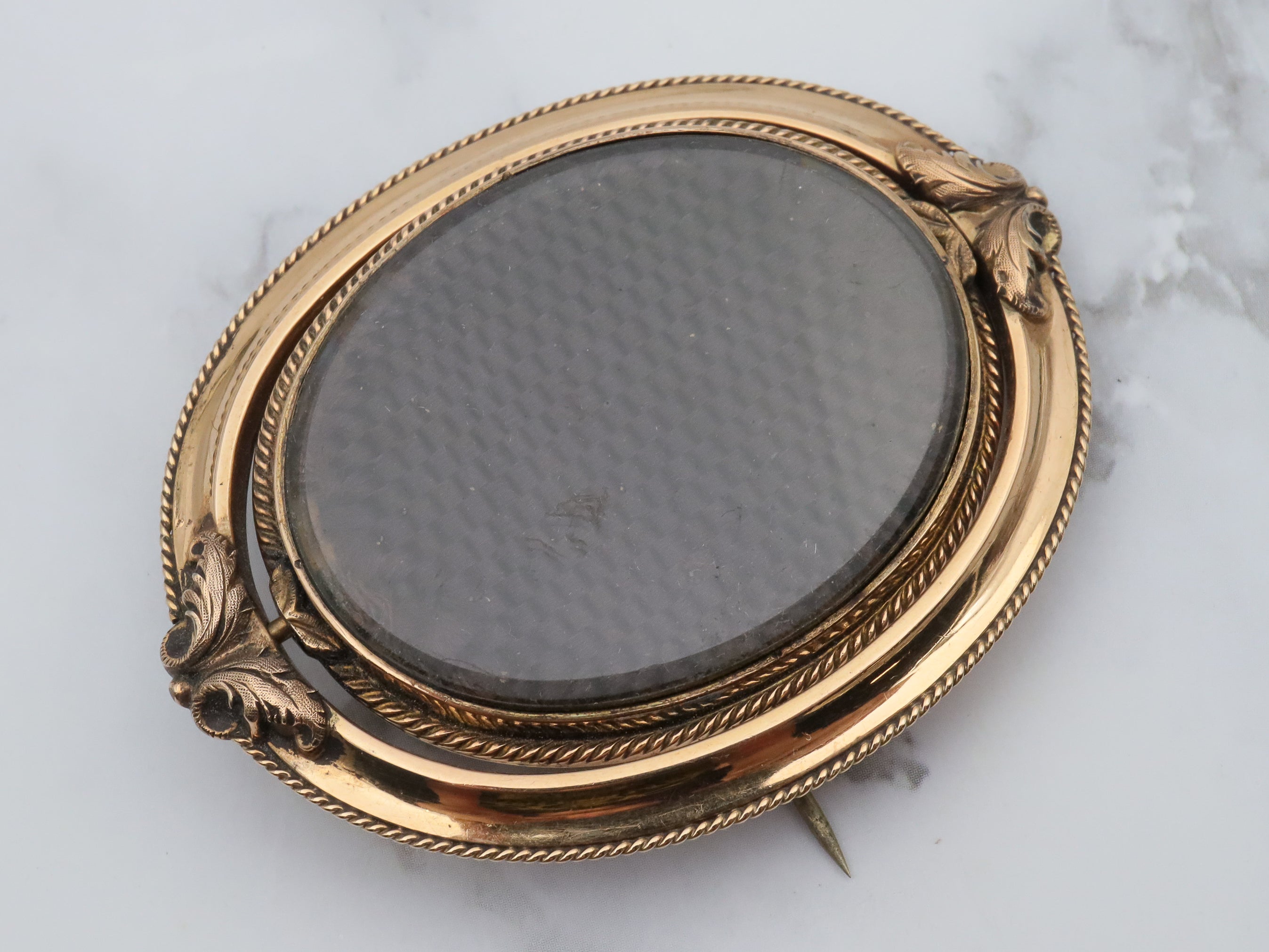 Antique Victorian 10k gold double sided mourning flip brooch with original tintype photo and woven hair