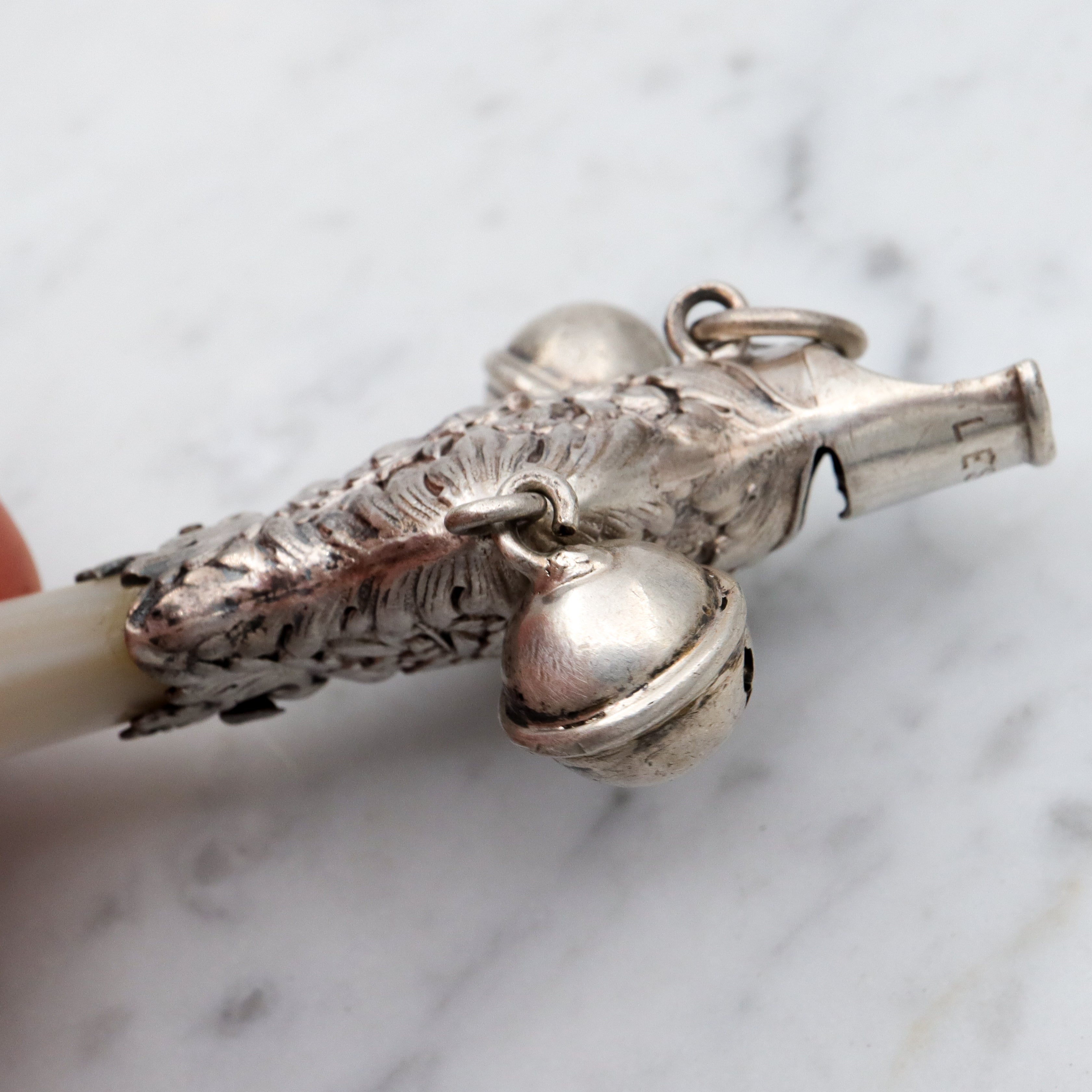 Late 1800s Tiffany & Co. sterling & mother of pearl baby rattle teether