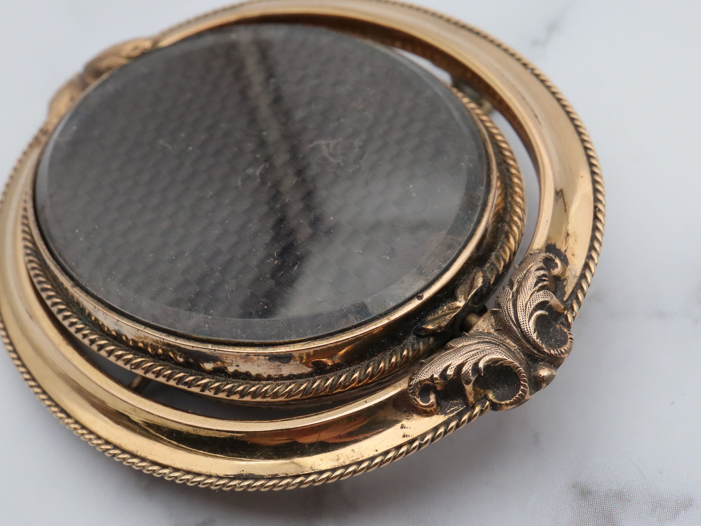 Antique Victorian 10k gold double sided mourning flip brooch with original tintype photo and woven hair
