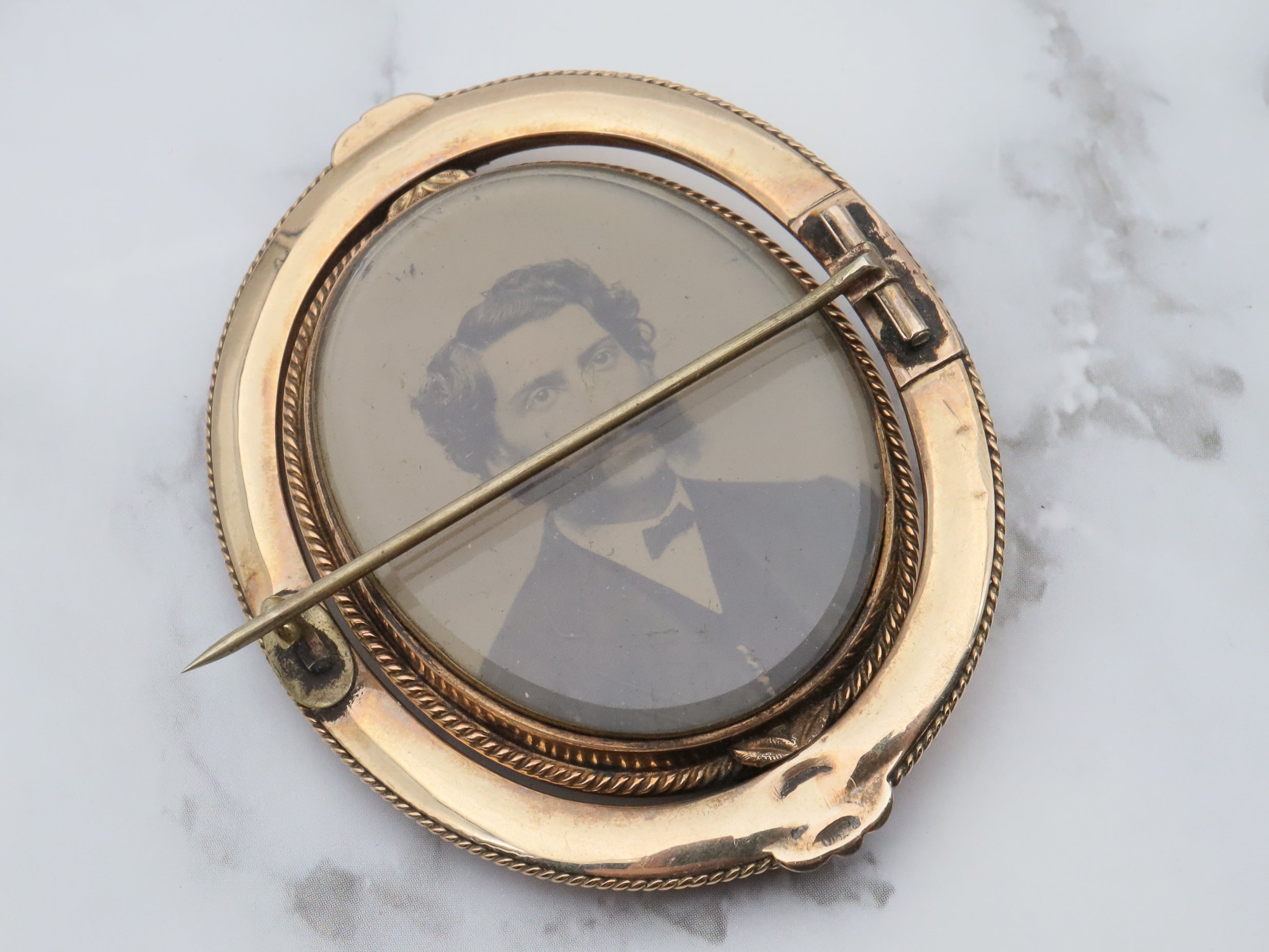 Antique Victorian 10k gold double sided mourning flip brooch with original tintype photo and woven hair