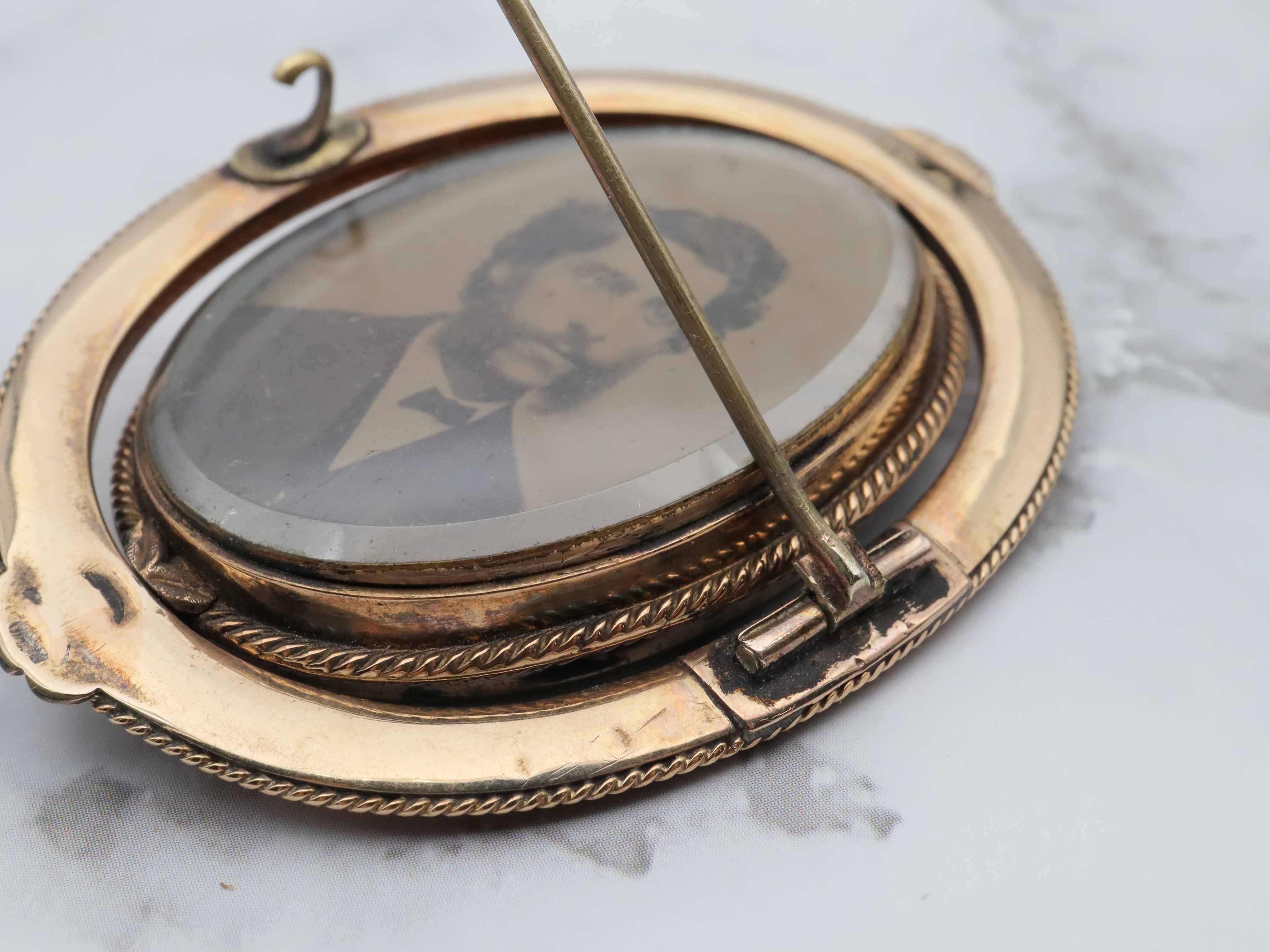 Antique Victorian 10k gold double sided mourning flip brooch with original tintype photo and woven hair