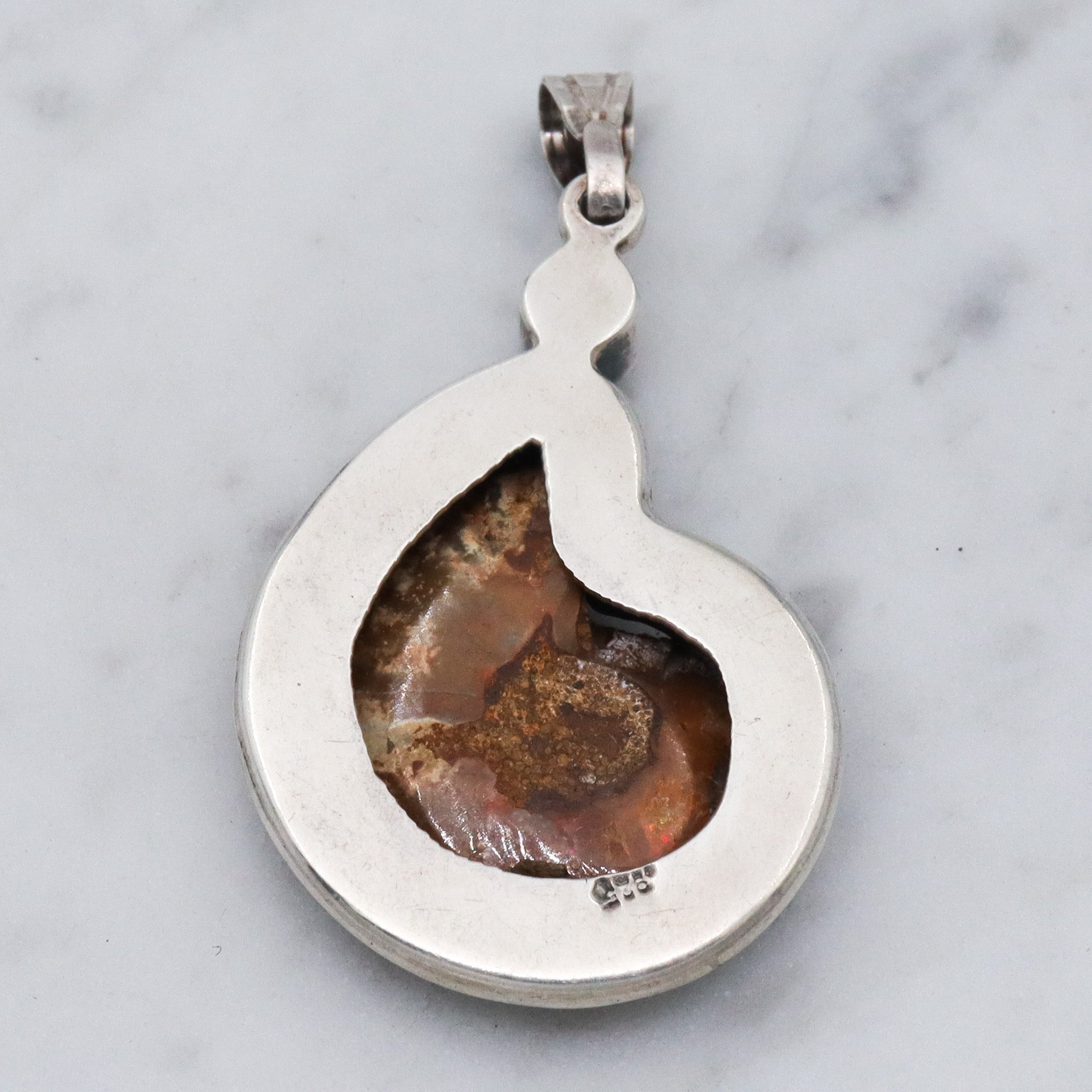 Vintage sterling silver, ammonite & rainbow moonstone pendant
