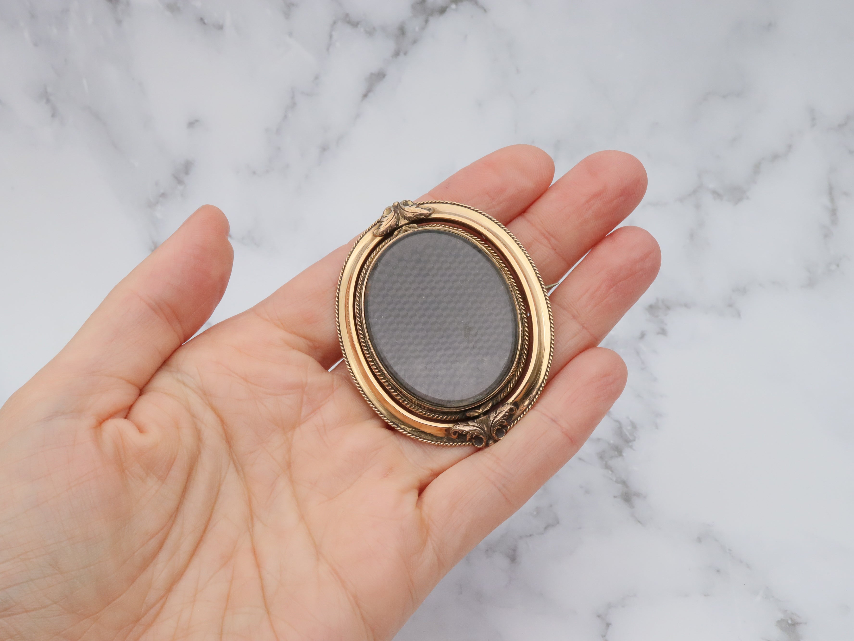 Antique Victorian 10k gold double sided mourning flip brooch with original tintype photo and woven hair