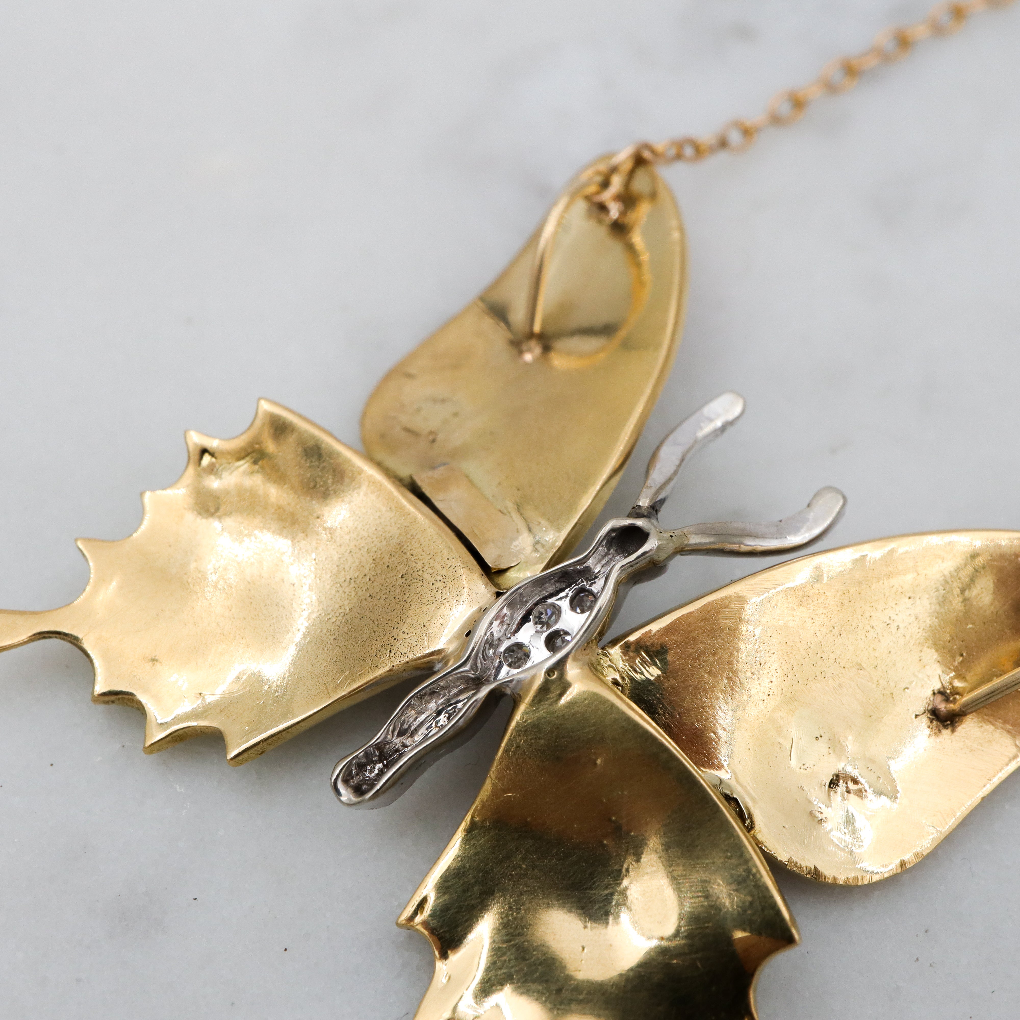 Antique 14k gold enamel & diamond butterfly pendant necklace
