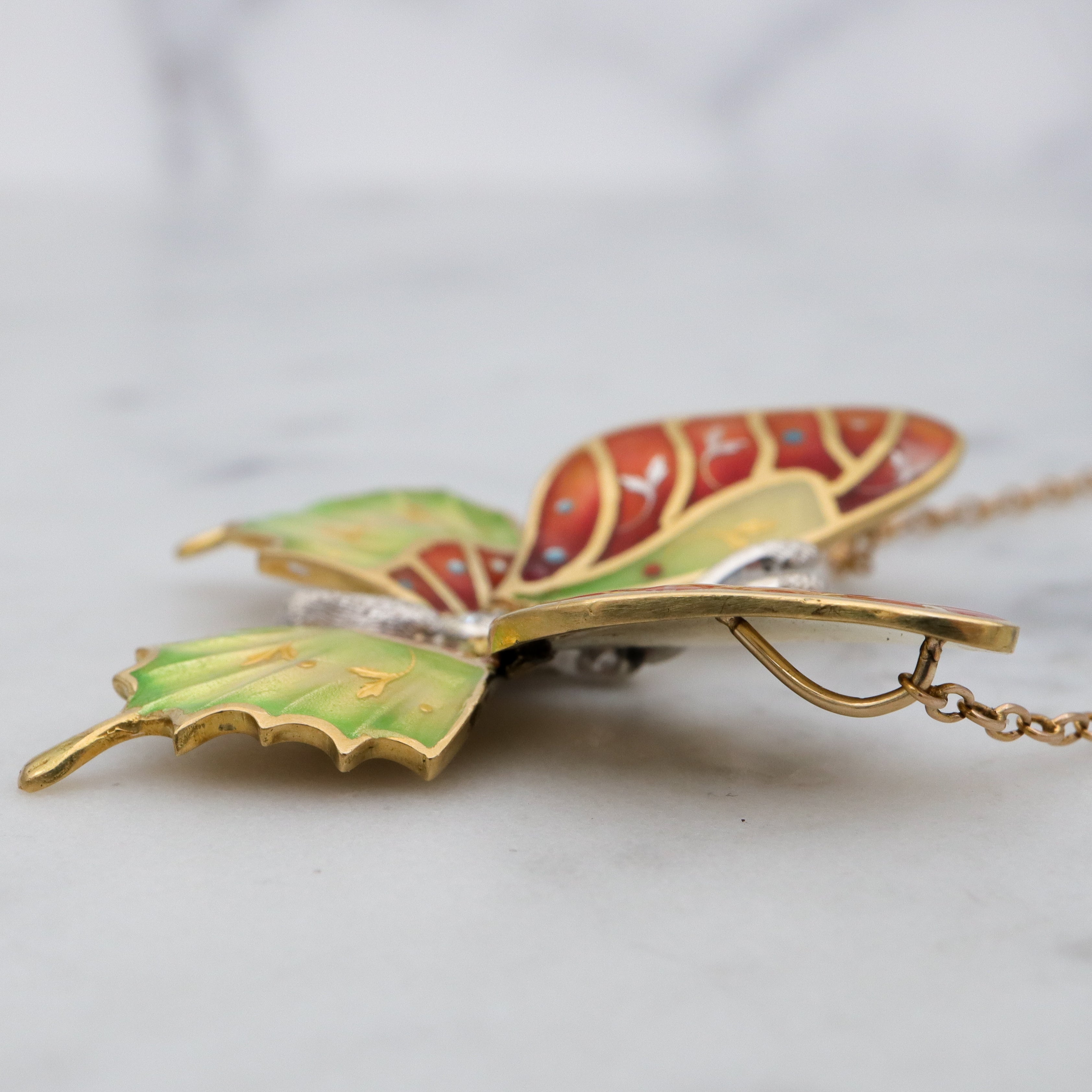 Antique 14k gold enamel & diamond butterfly pendant necklace