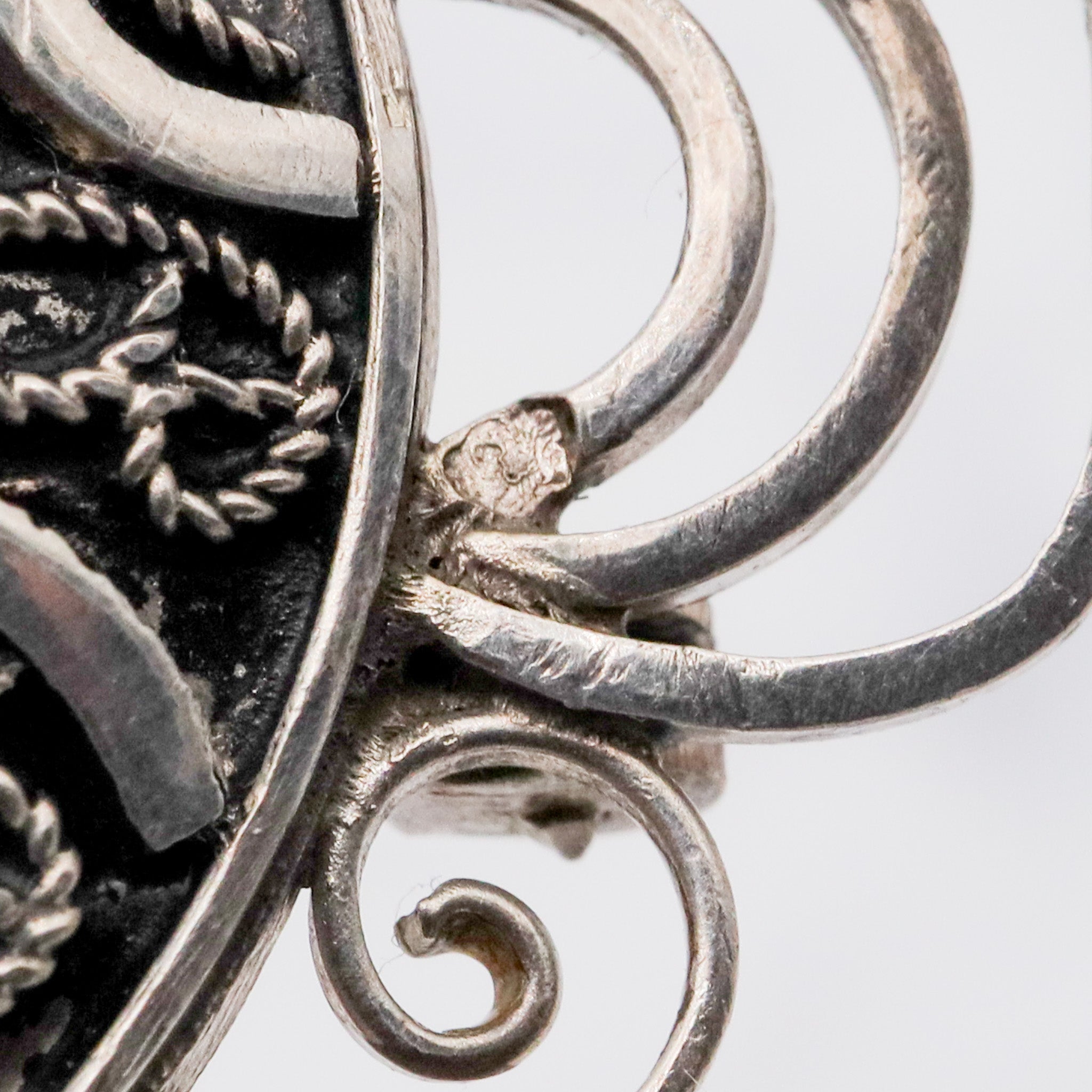 Antique Turkish sterling silver Arabic calligraphy filigree wire work brooch