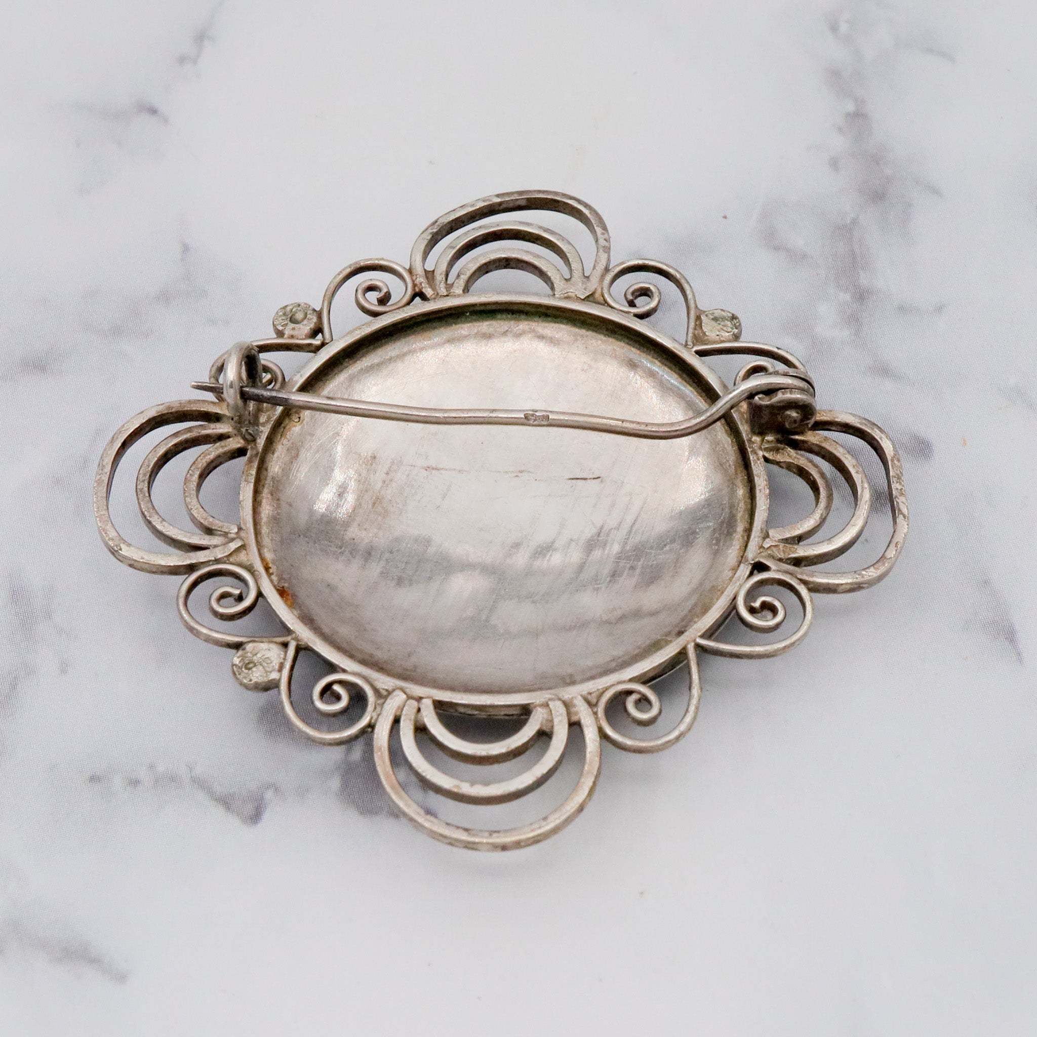 Antique Turkish sterling silver Arabic calligraphy filigree wire work brooch