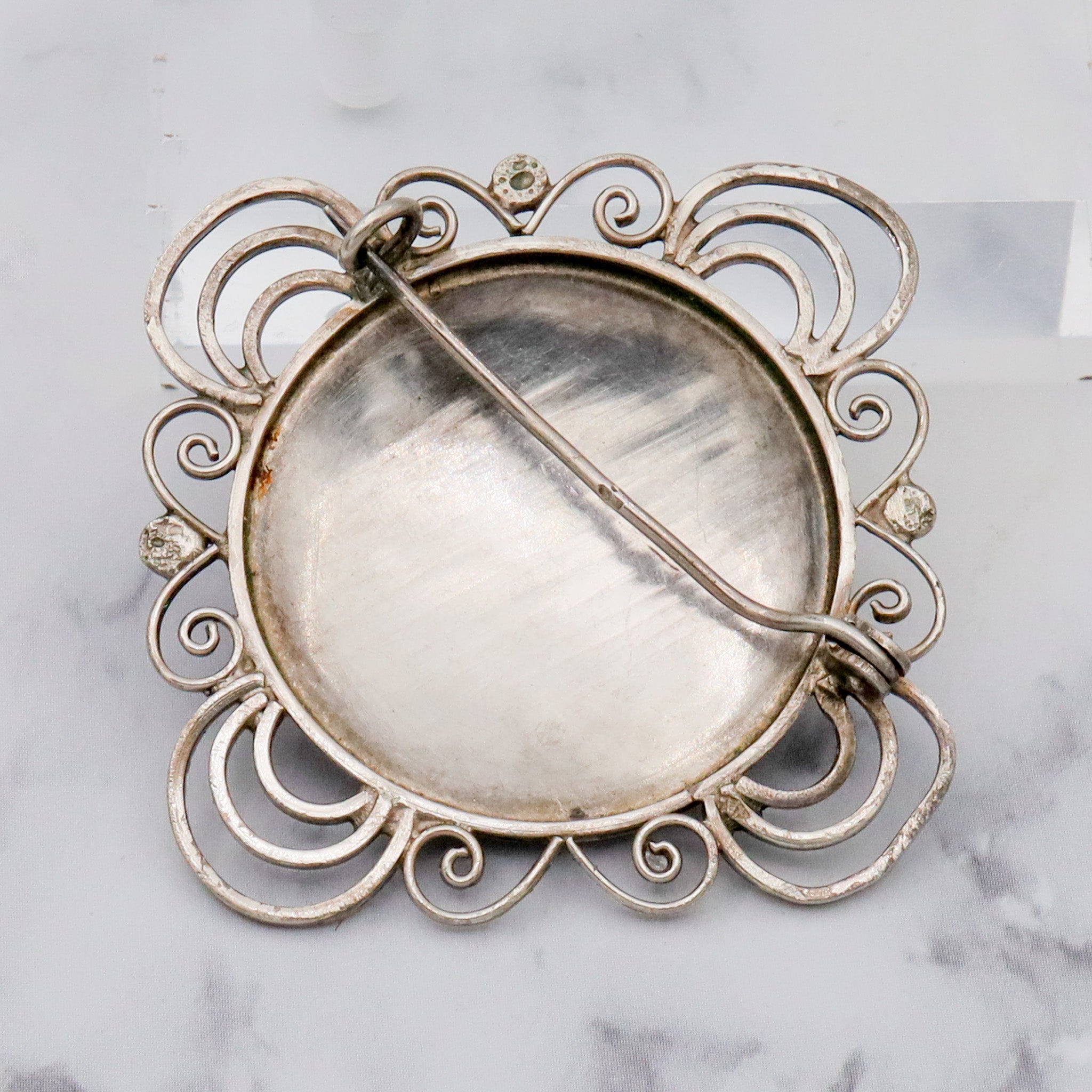 Antique Turkish sterling silver Arabic calligraphy filigree wire work brooch