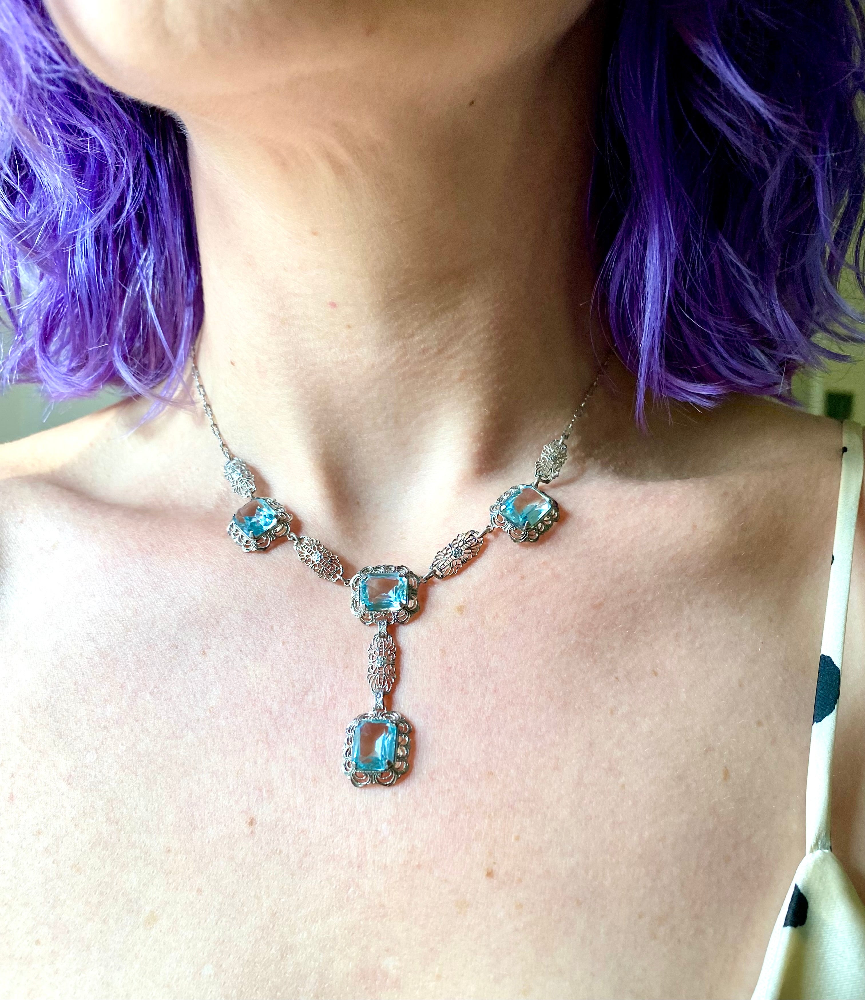 Antique art deco sterling filigree and glass necklace