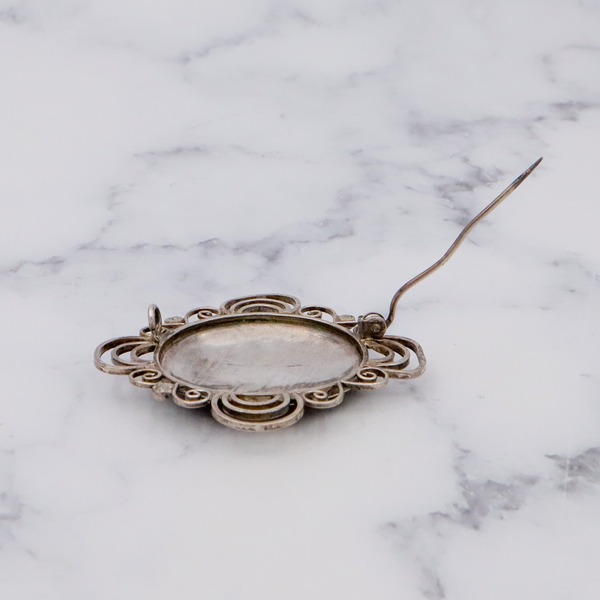 Antique Turkish sterling silver Arabic calligraphy filigree wire work brooch