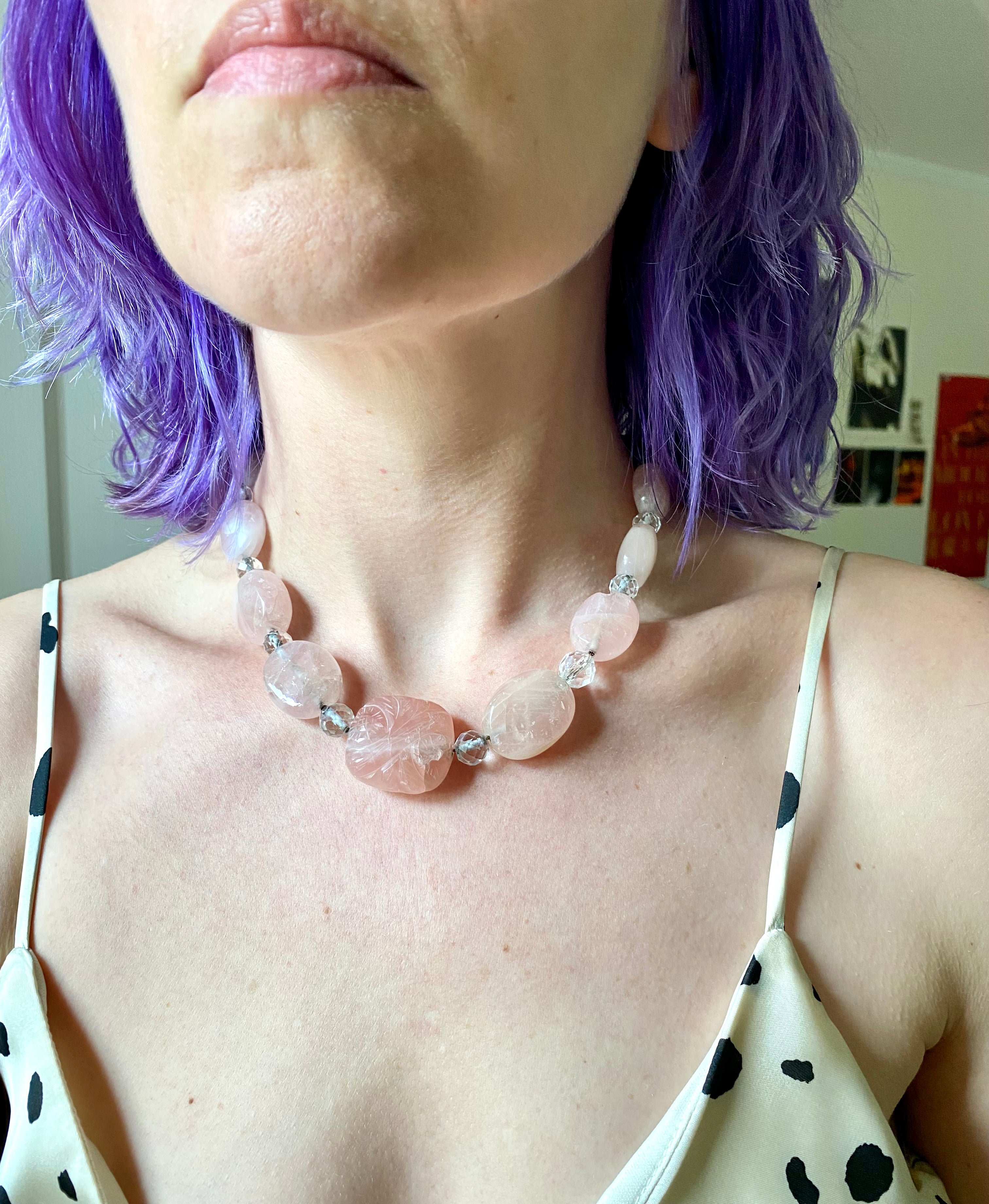 Antique Art Deco carved rose quartz and rock crystal beaded necklace