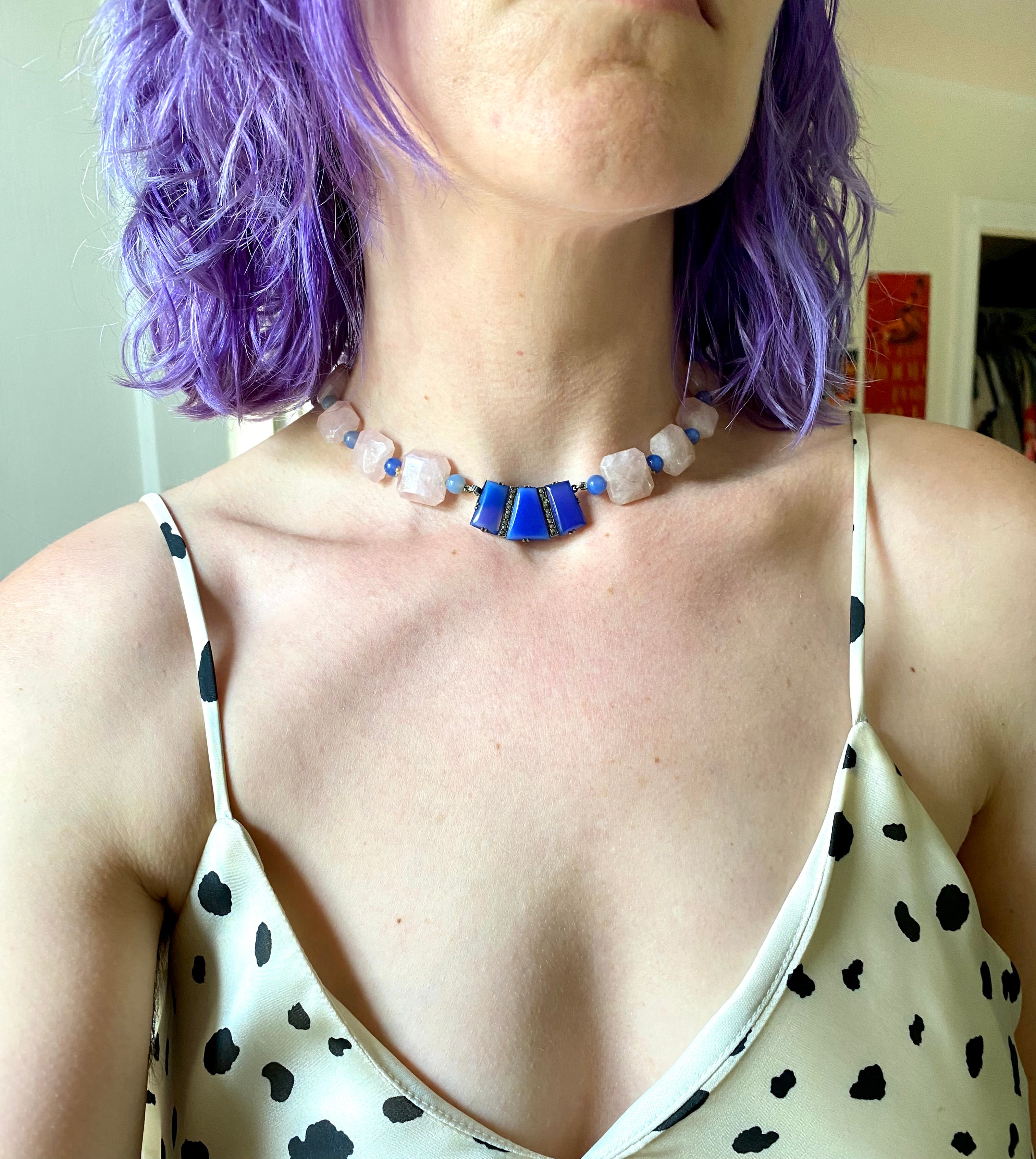 Incredible antique German Art Deco rose quartz and blue chalcedony necklace with sterling and marcasite statement clasp