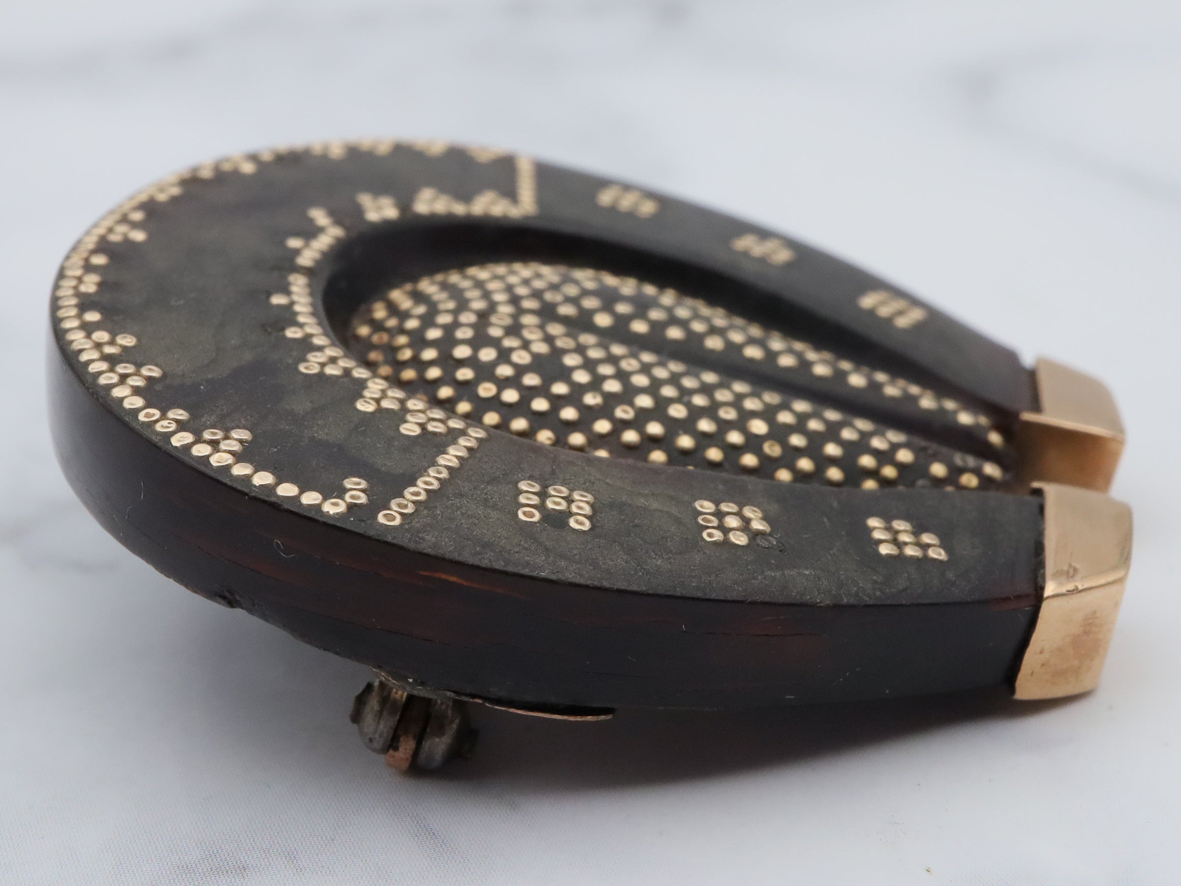 Antique Victorian 10k gold pique d'or gold overlay tortoiseshell horseshoe brooch