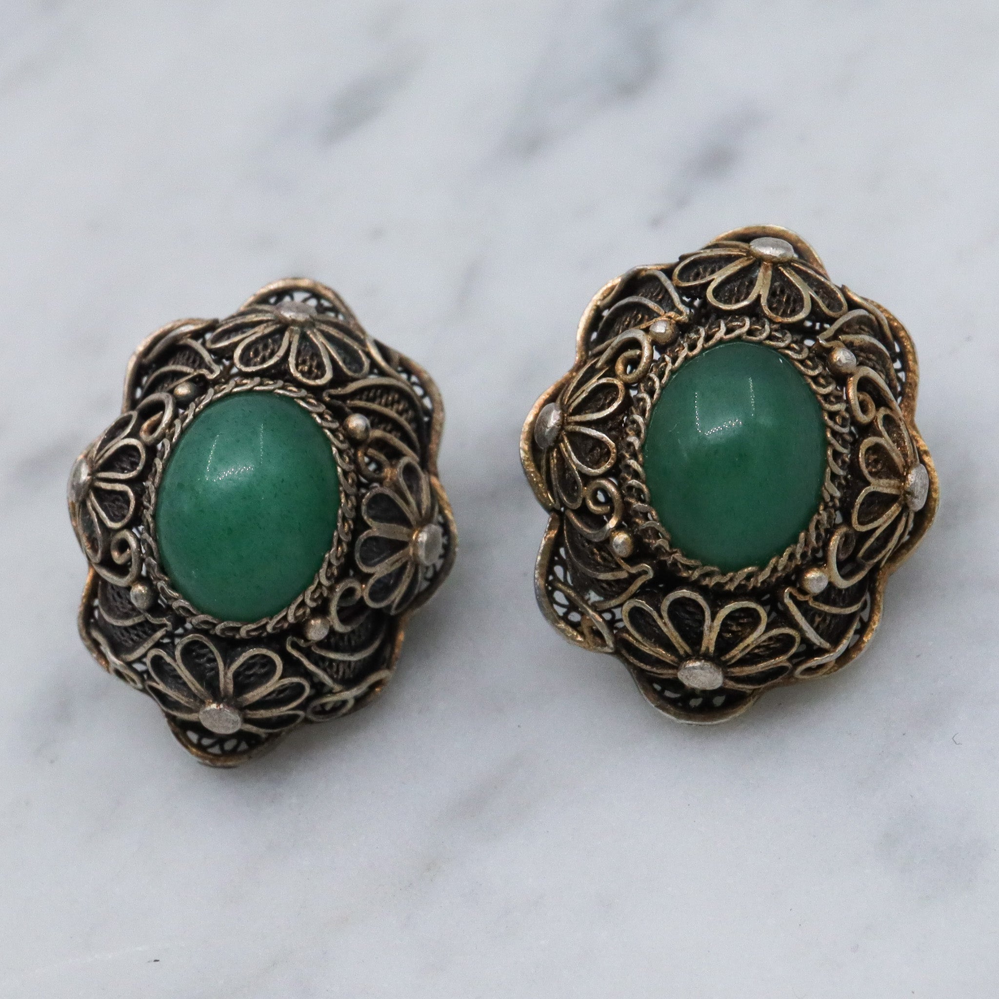 Antique Chinese export silver filigree jade earrings