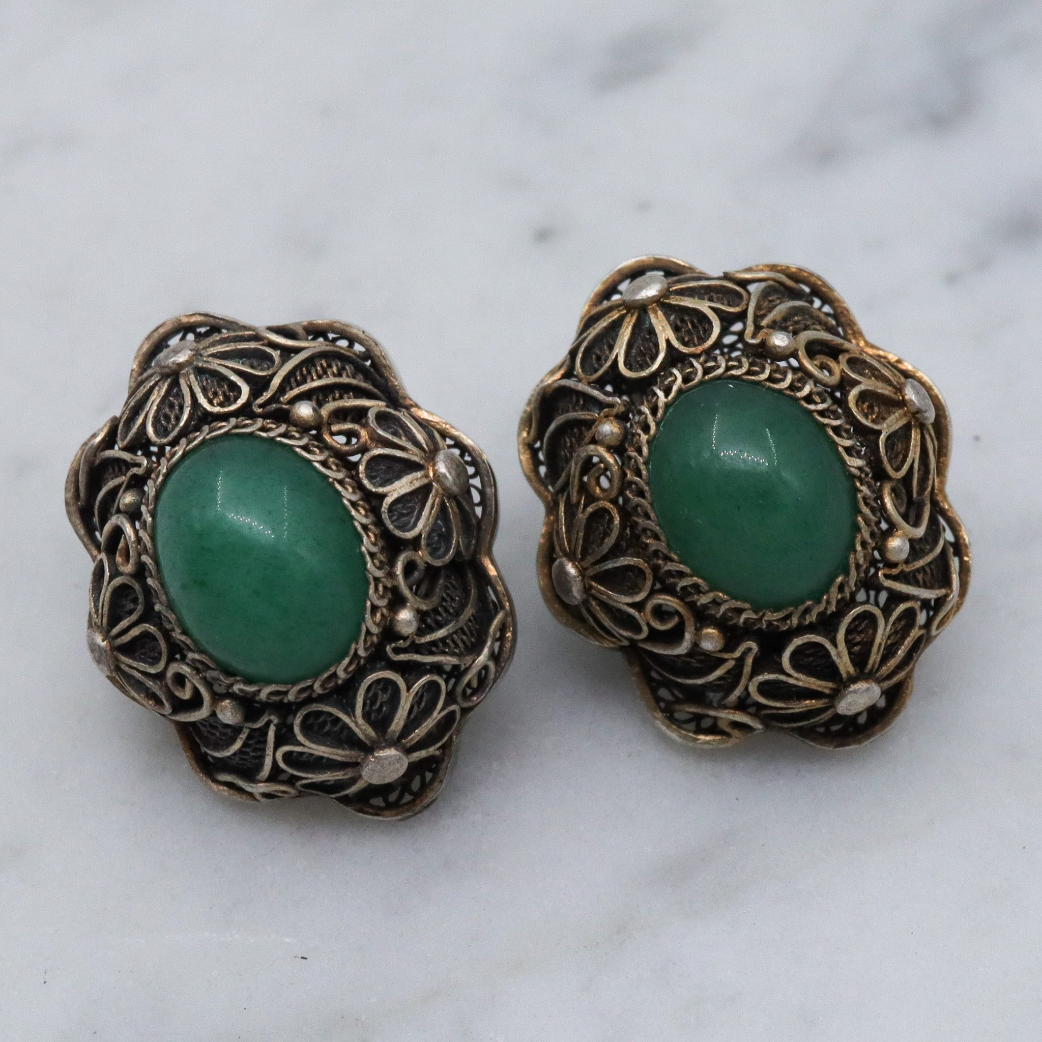 Antique Chinese export silver filigree jade earrings