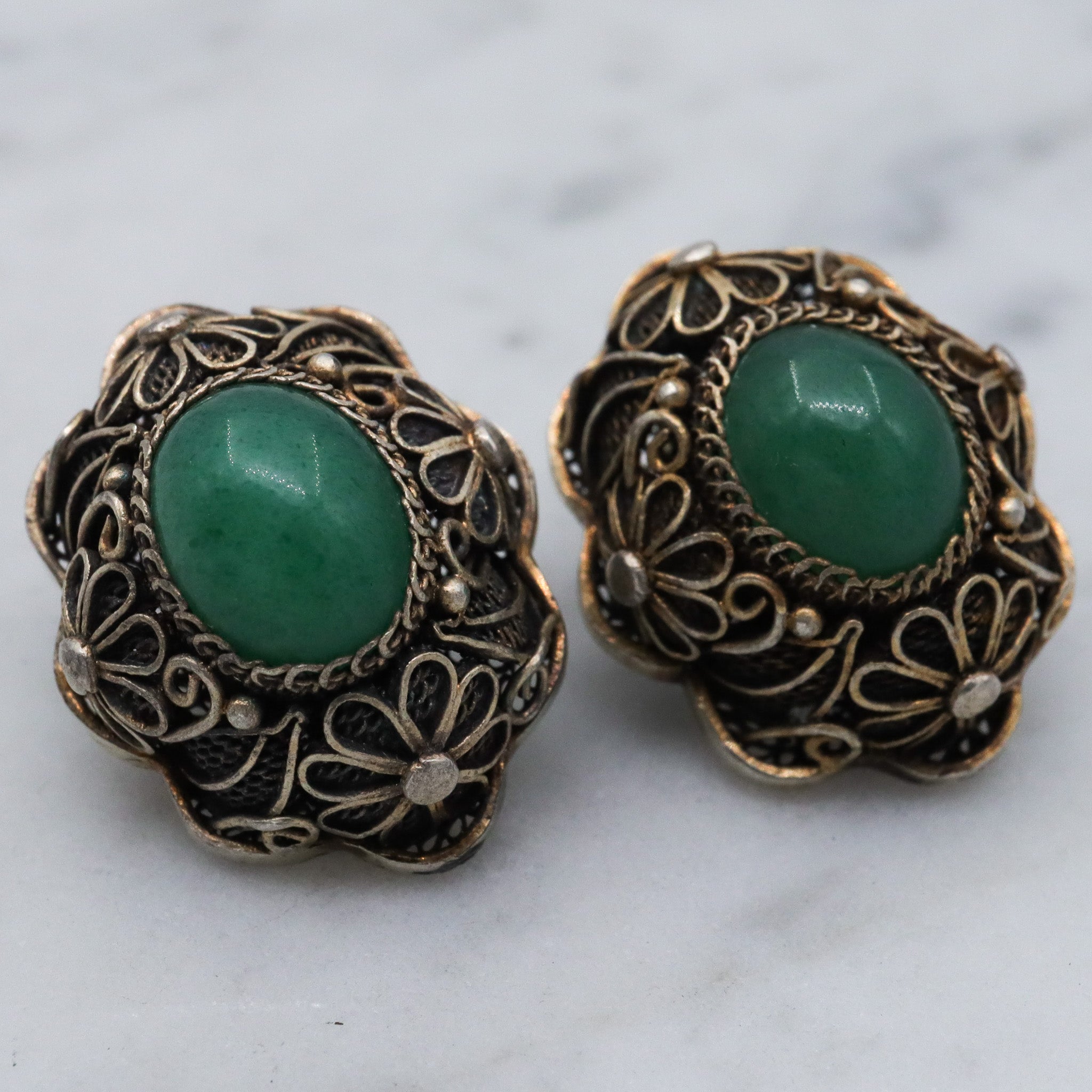 Antique Chinese export silver filigree jade earrings