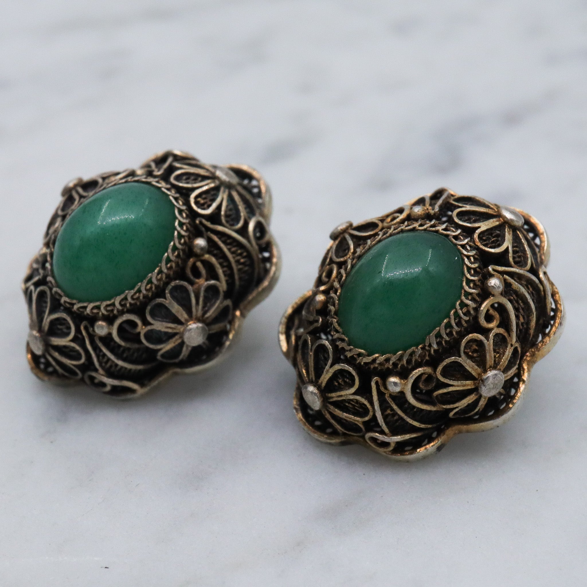 Antique Chinese export silver filigree jade earrings