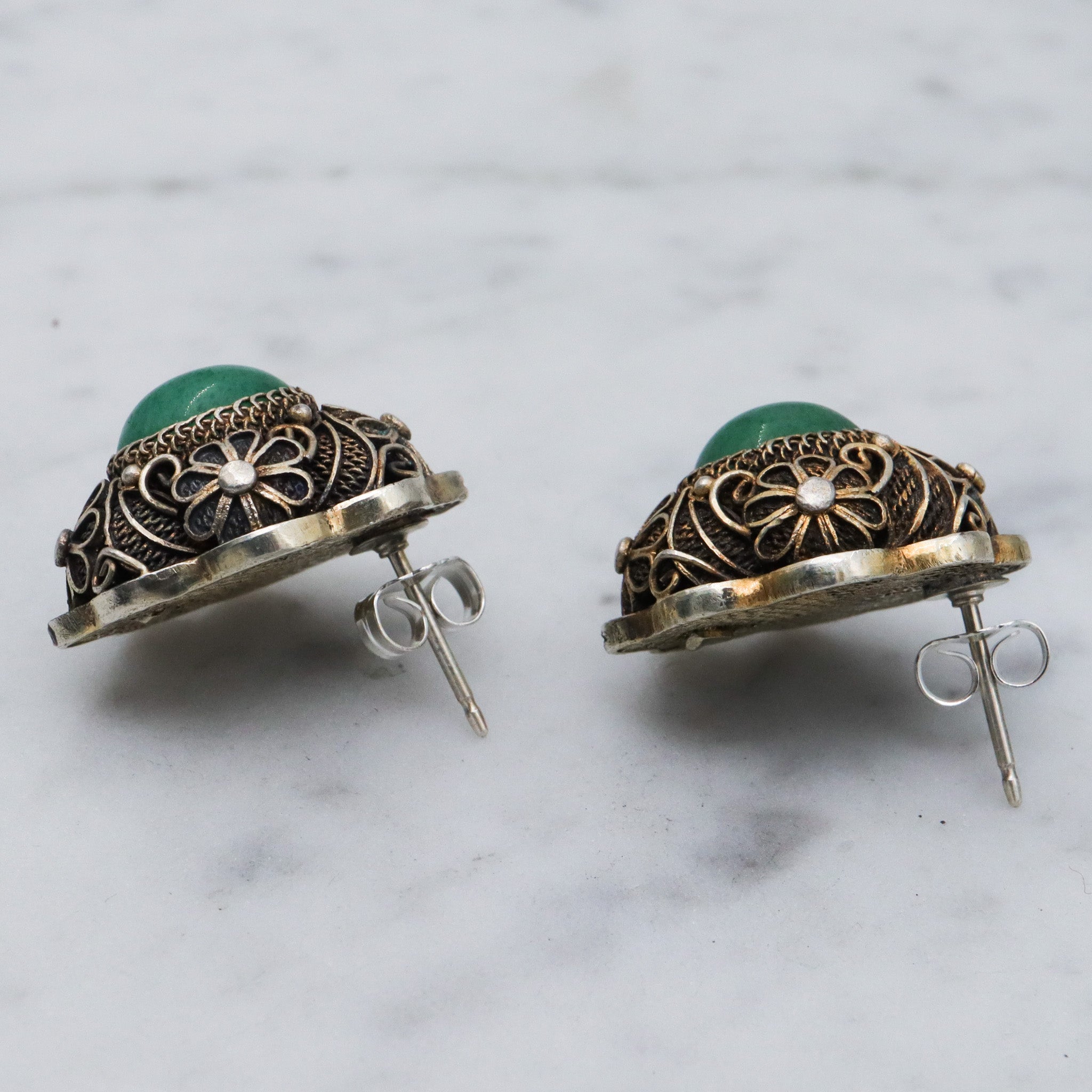Antique Chinese export silver filigree jade earrings