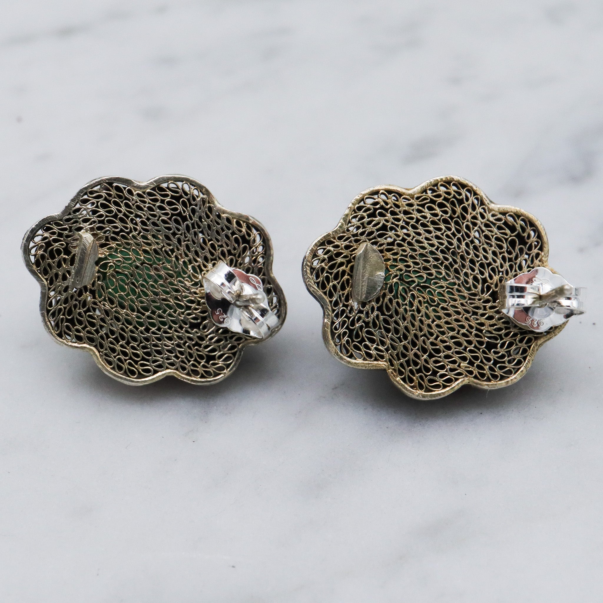 Antique Chinese export silver filigree jade earrings
