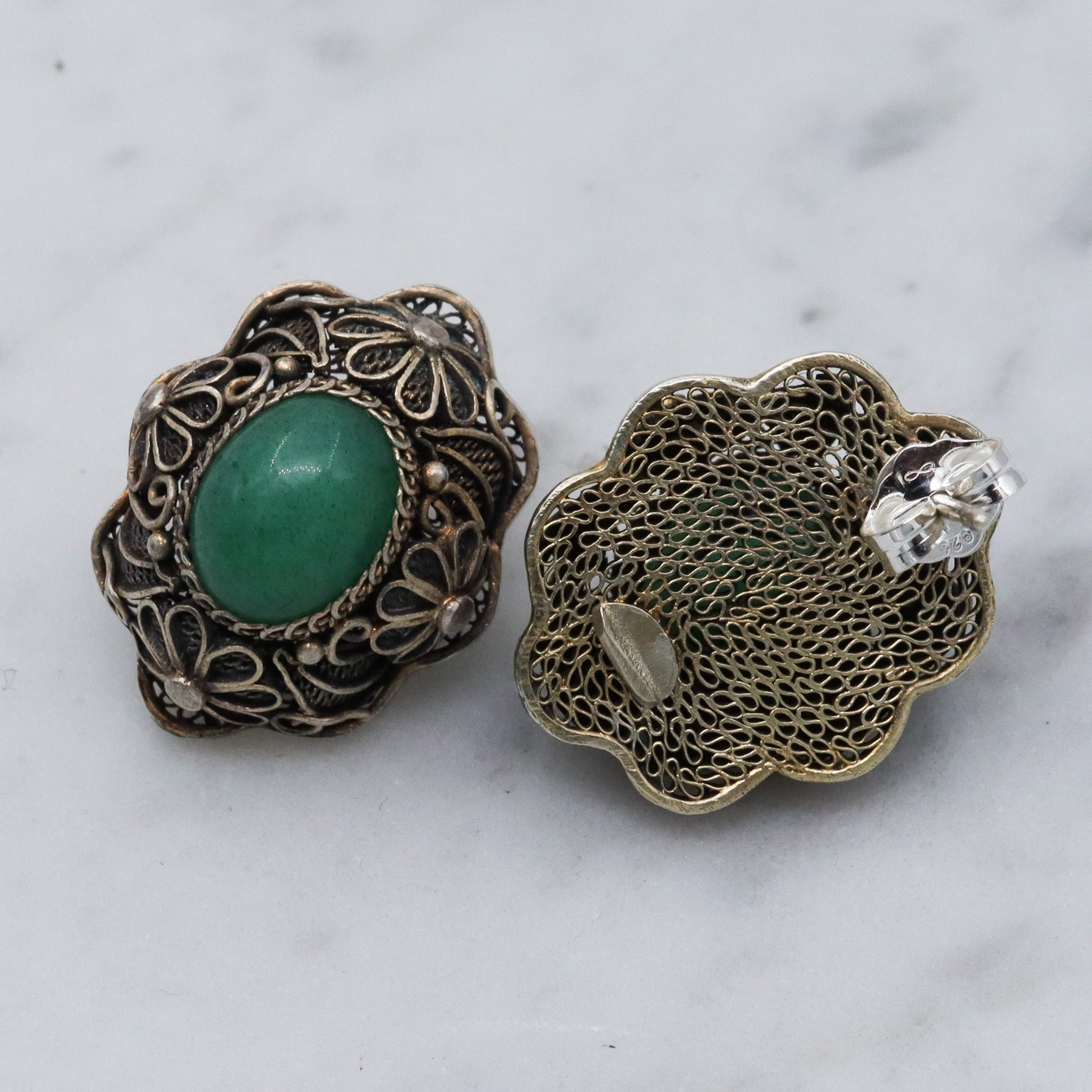 Antique Chinese export silver filigree jade earrings