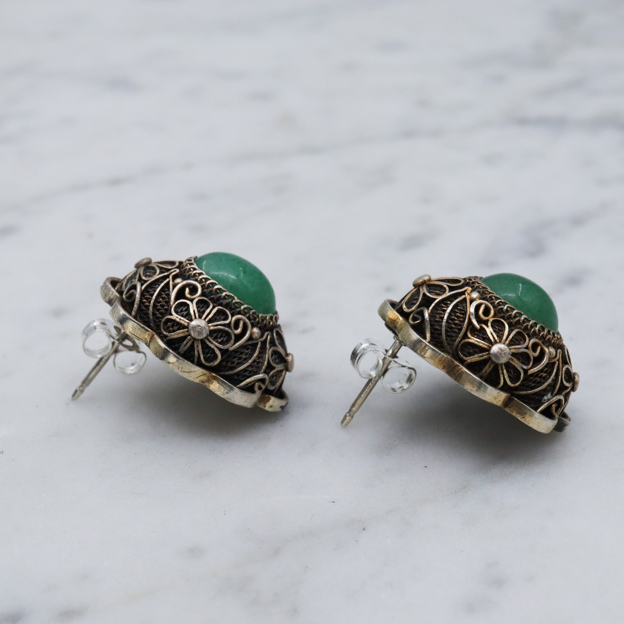 Antique Chinese export silver filigree jade earrings