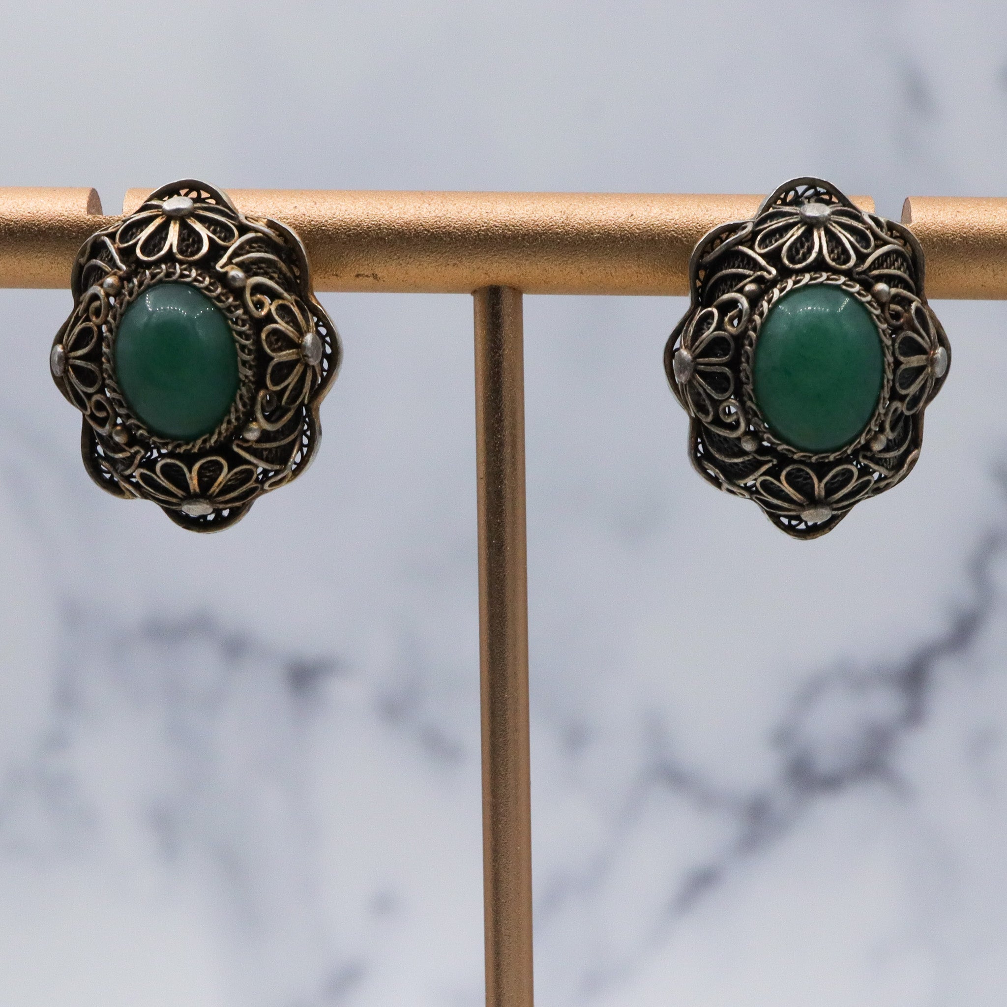 Antique Chinese export silver filigree jade earrings