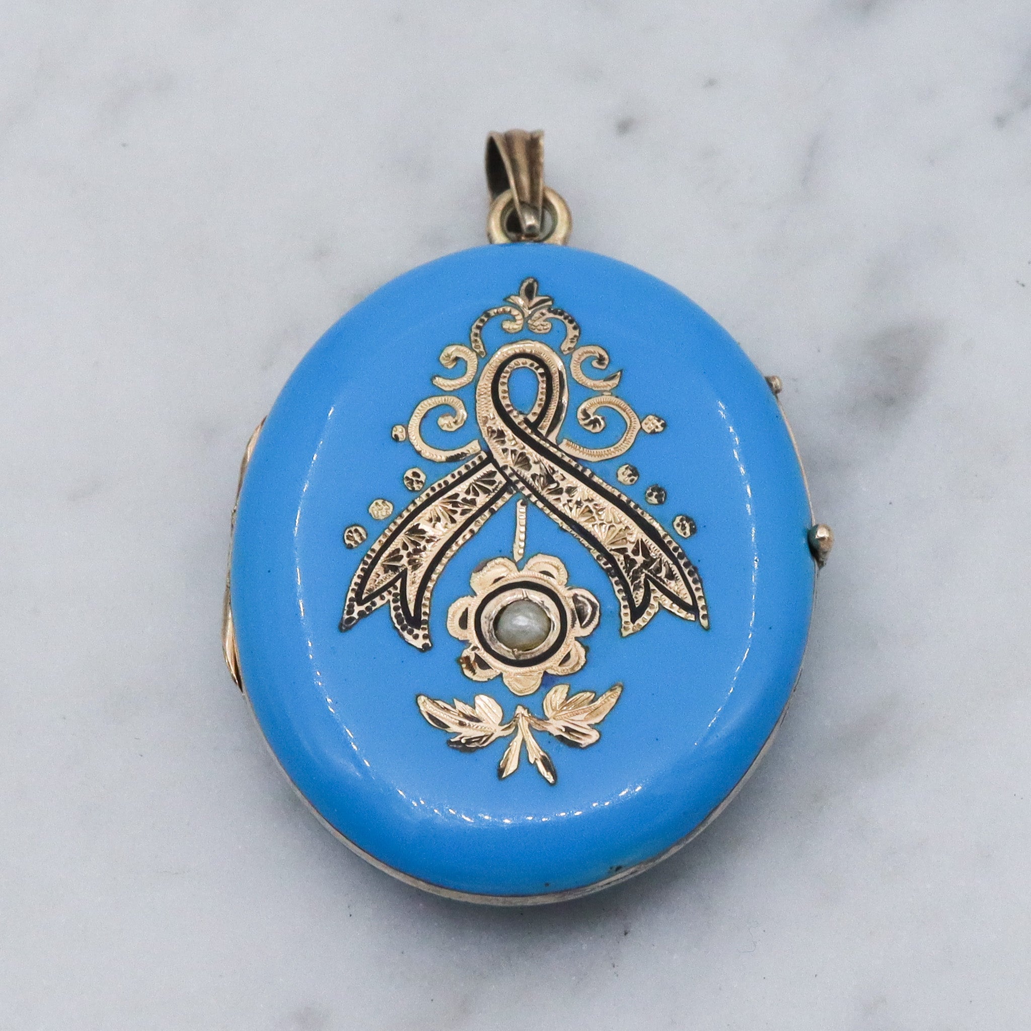 Antique Victorian 14k gold blue & black enamel locket pendant with split pearls