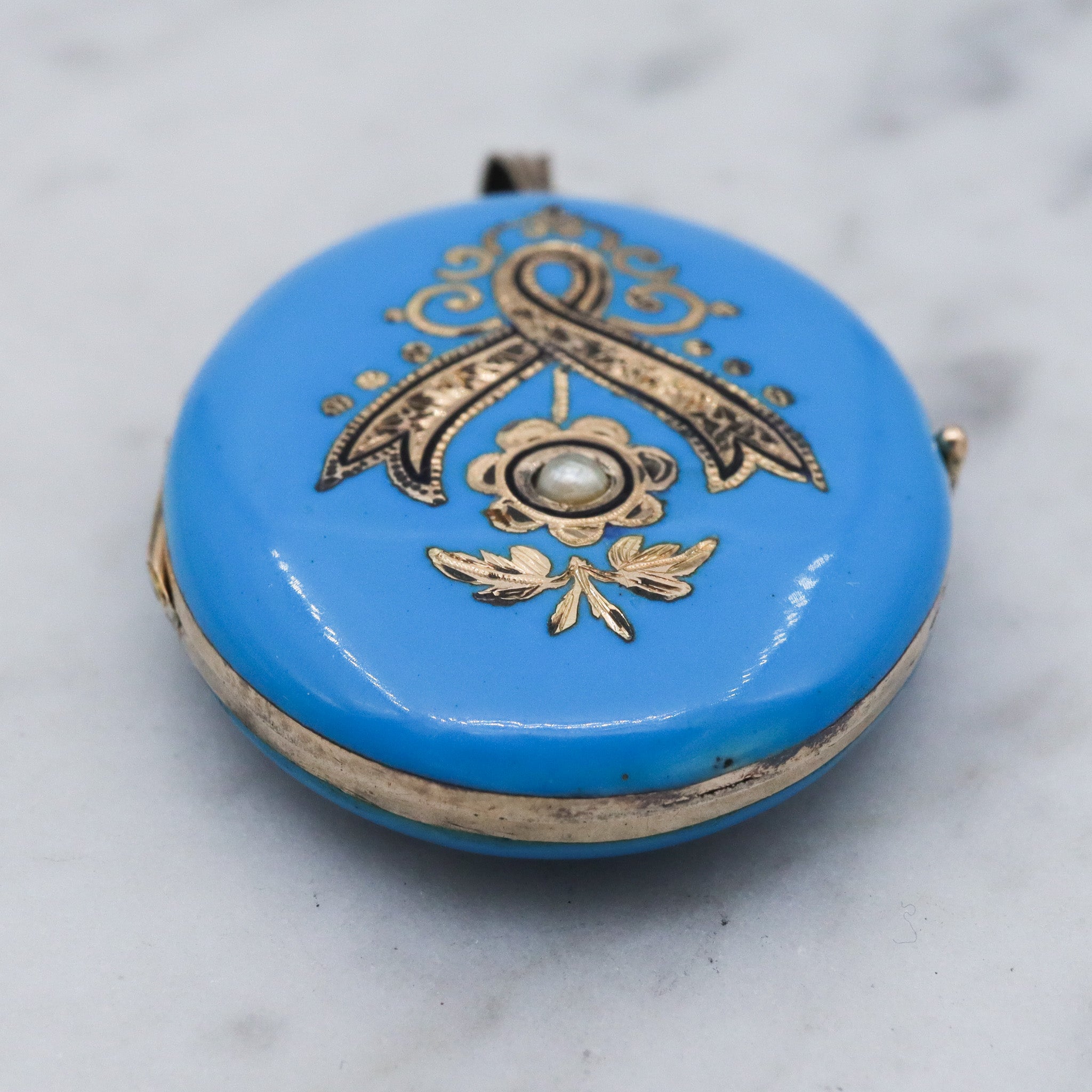 Antique Victorian 14k gold blue & black enamel locket pendant with split pearls