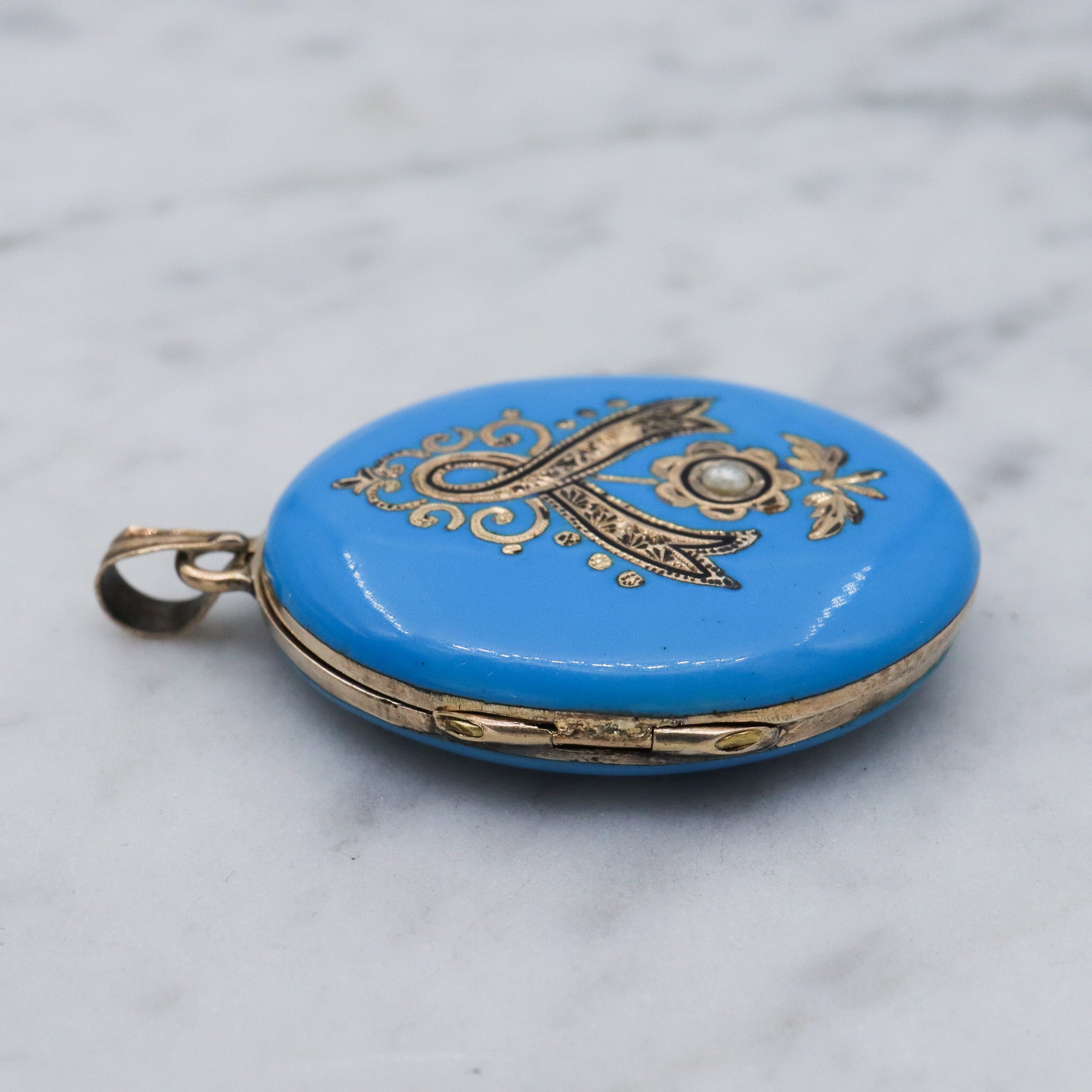 Antique Victorian 14k gold blue & black enamel locket pendant with split pearls