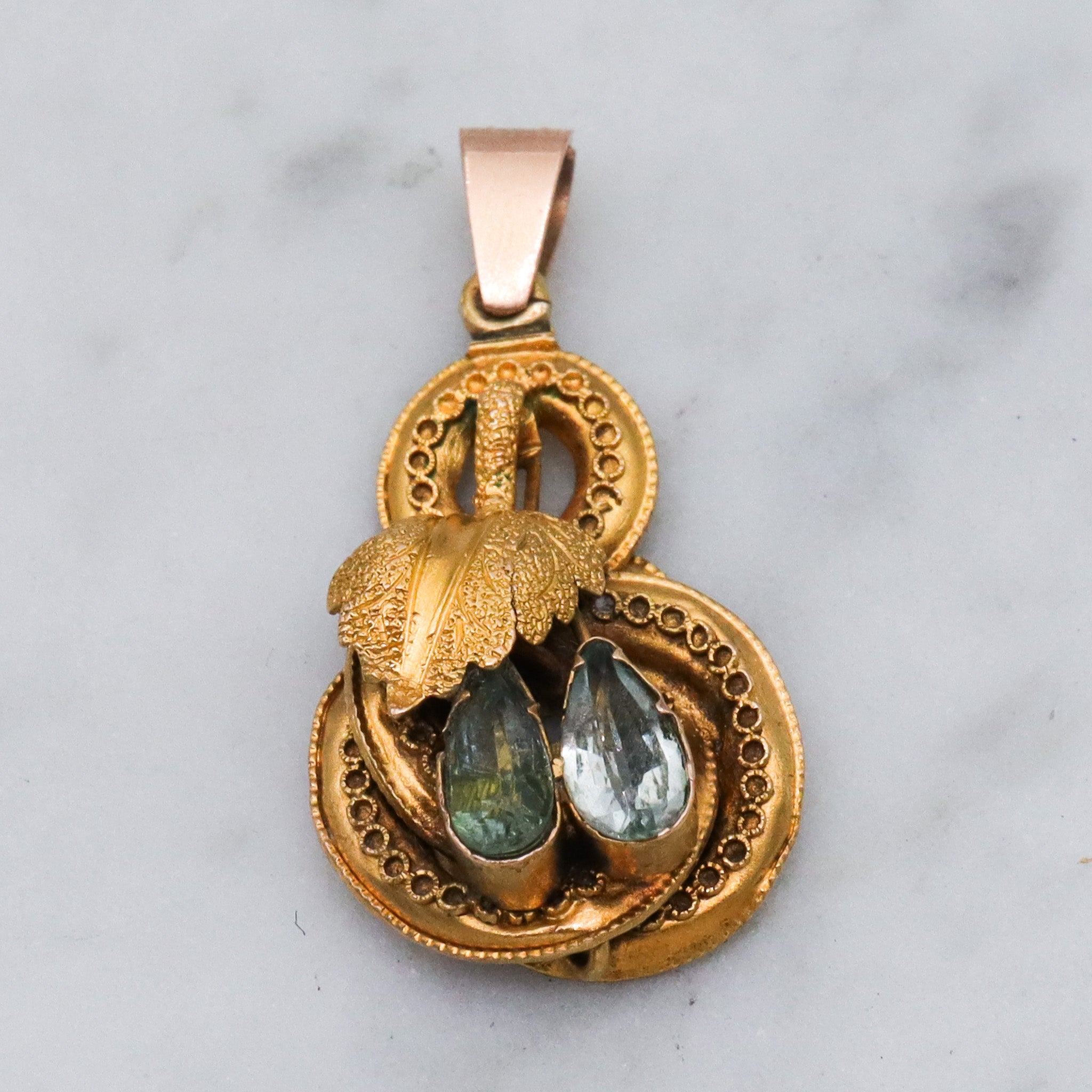 Antique early Victorian 10k gold & natural aquamarine knot pendant