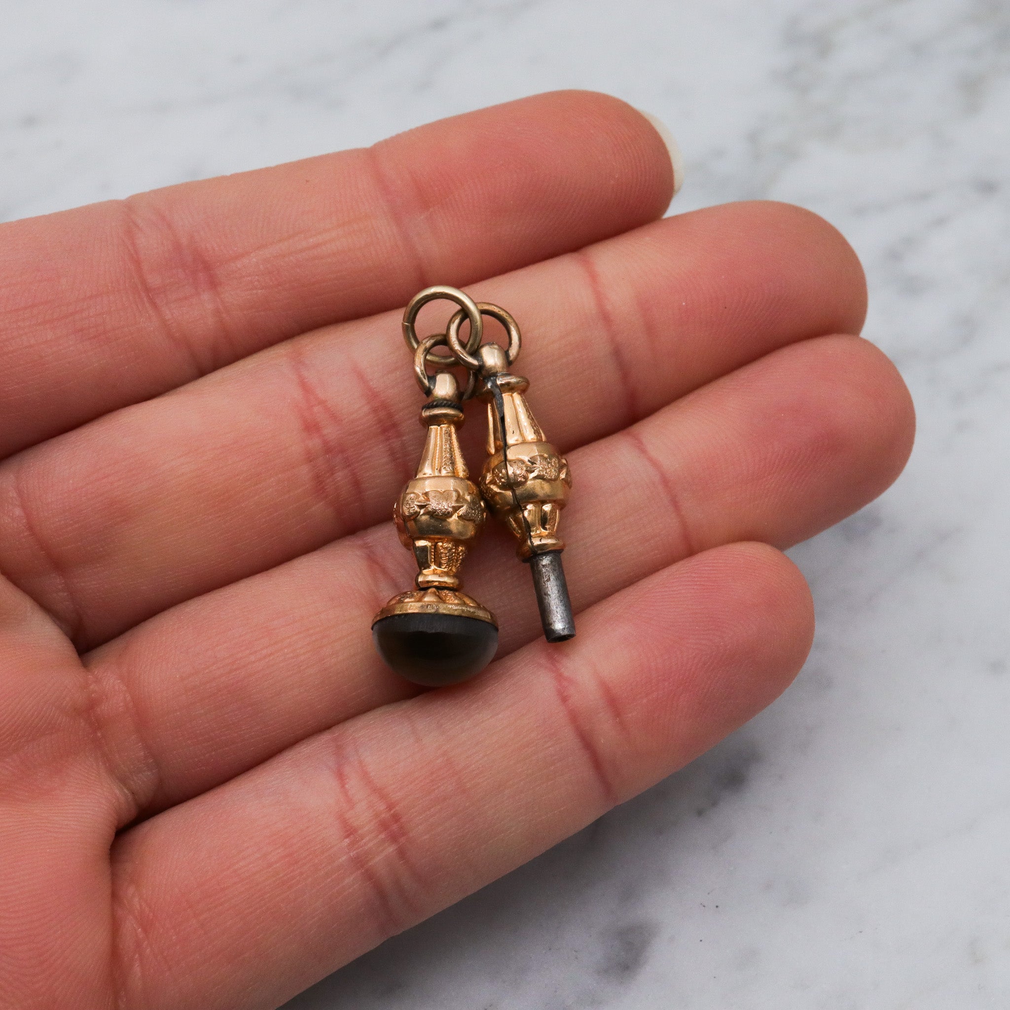 Antique Victorian gold filled watch key & slag glass fob