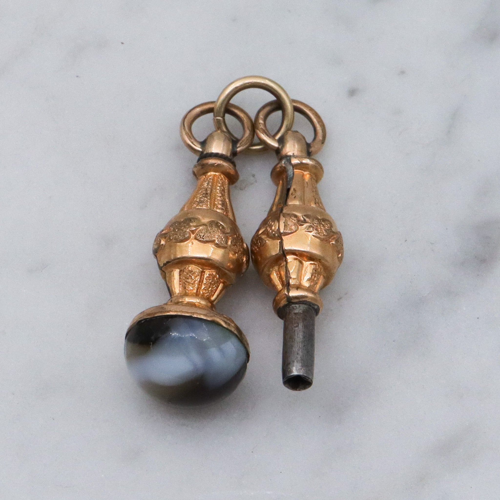 Antique Victorian gold filled watch key & slag glass fob